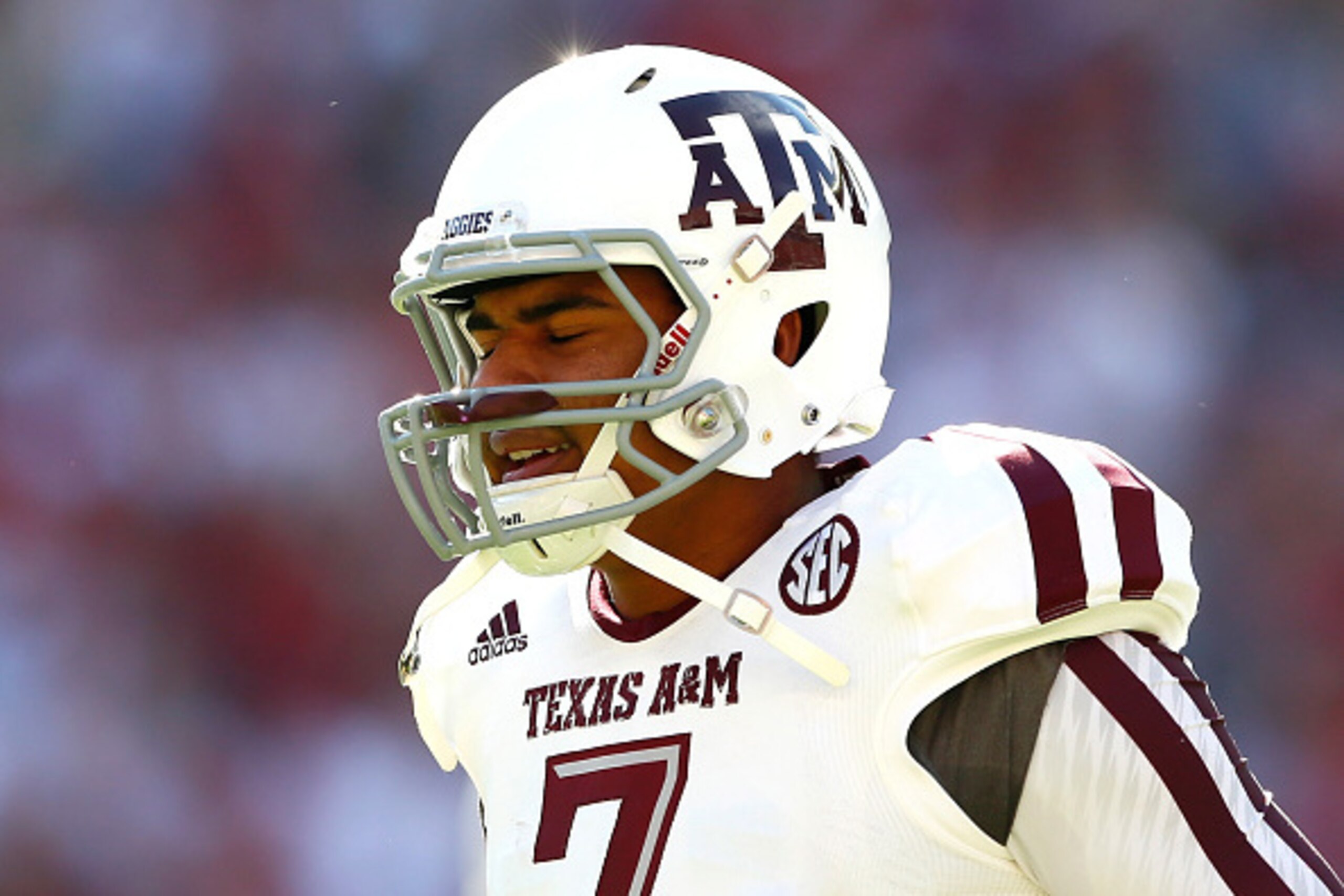 TUSCALOOSA, AL - OCTOBER 18:  Kenny Hill #7 of the Texas A&M Aggies reacts after a failed third down conversion against the Alabama Crimson Tide at Bryant-Denny Stadium on October 18, 2014 in Tuscaloosa, Alabama.  (Photo by Kevin C. Cox/Getty Images)