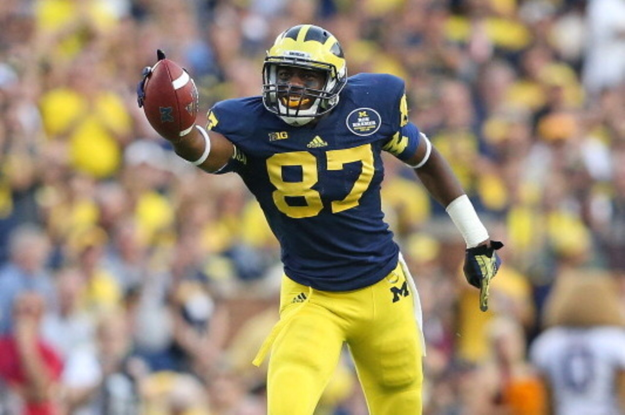 ANN ARBOR, MI - OCTOBER 05: Devin Funchess #87 of the Michigan Wolverines celebrates after catching a  46 yard pass during the fourth quarter of the game against the Minnesota Golden Gophers at Michigan Stadium on October 5, 2013 in Ann Arbor, Michigan. M