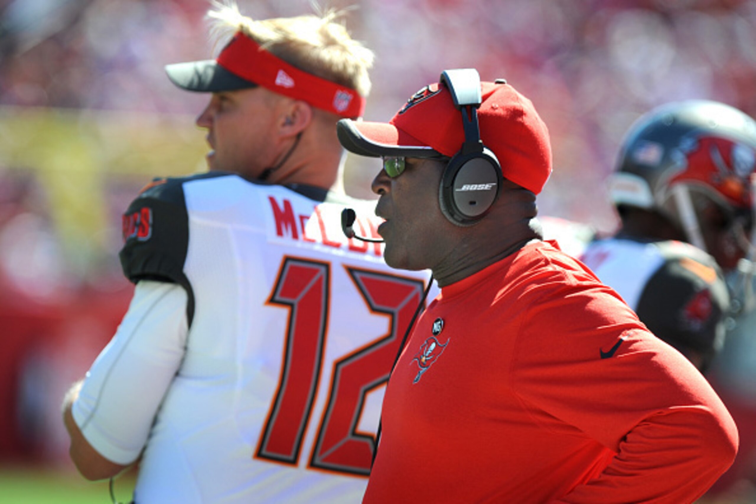 TAMPA, FL - OCTOBER 26: Head coach Lovie Smith of the Tampa Bay Buccaneers and quarterback Josh McCown #12 of the Tampa Bay Buccaneers watch the action on the sideline against the Minnesota Vikings at Raymond James Stadium on October 26, 2014 in Tampa, Fl