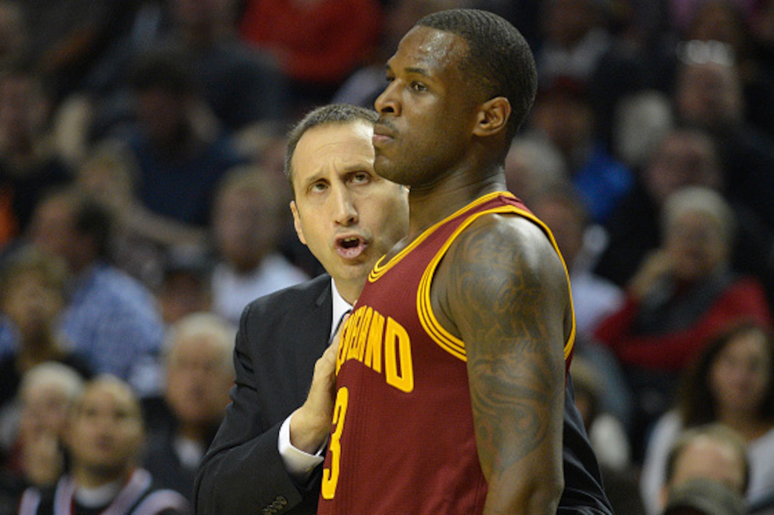 PORTLAND, OR - NOVEMBER 04: Head coach David Blatt of the Cleveland Cavaliers speaks with Dion Waiters #3 of the Cleveland Cavaliers during the second quarter of the game against the Portland Trail Blazers at Moda Center on November 4, 2014 in Portland, O
