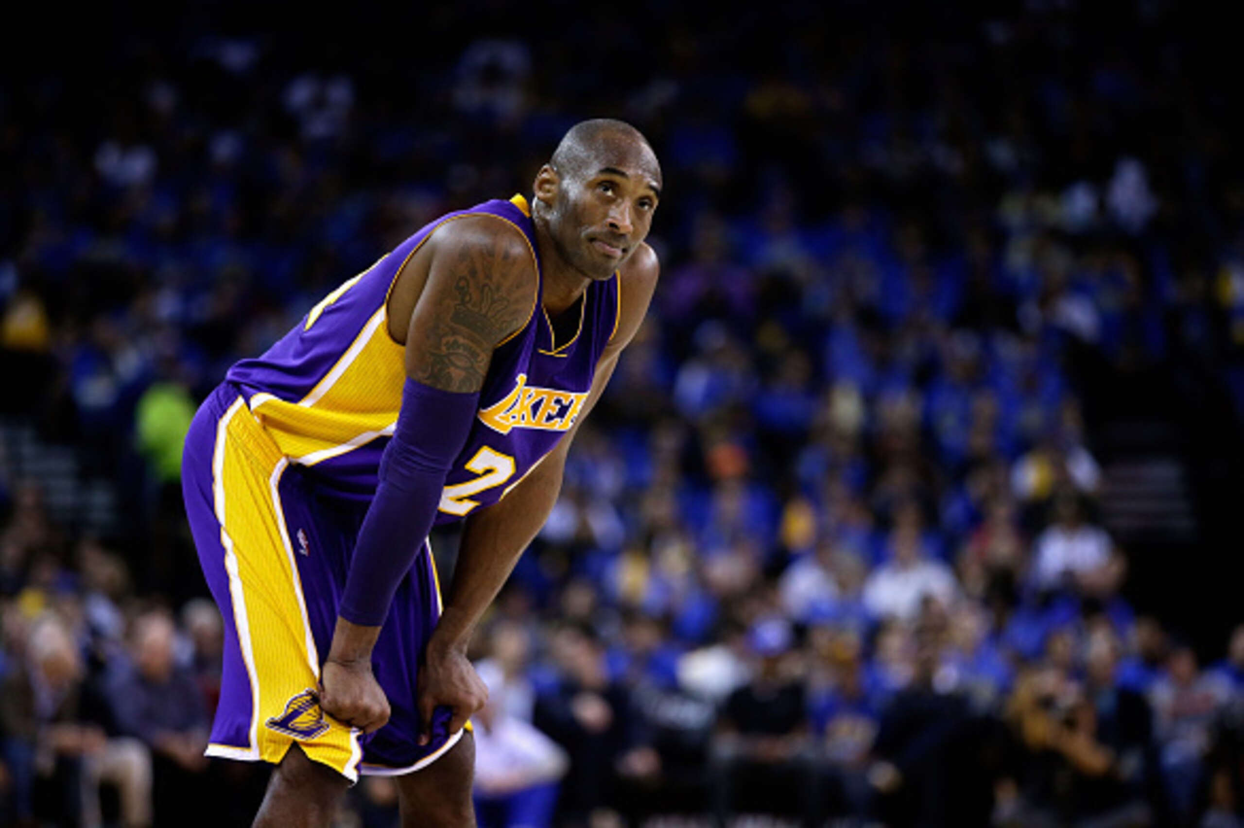 OAKLAND, CA - NOVEMBER 01: Kobe Bryant #24 of the Los Angeles Lakers stands on the court during their game against the Golden State Warriors at ORACLE Arena on November 1, 2014 in Oakland, California. NOTE TO USER: User expressly acknowledges and agrees OAKLAND, CA - NOVEMBER 01: Kobe Bryant #24 of the Los Angeles Lakers stands on the court during their game against the Golden State Warriors at ORACLE Arena on November 1, 2014 in Oakland, California. NOTE TO USER: User expressly acknowledges and agrees