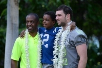 January 24, 2014; Ko'Olina, HI, USA; Team Sanders offensive coordinator Pep Hamilton of the Indianapolis Colts (left) and quarterback Andrew Luck of the Indianapolis Colts (12, right) pose for a photo during the 2014 Pro Bowl media day at J.W. Marriott Ih