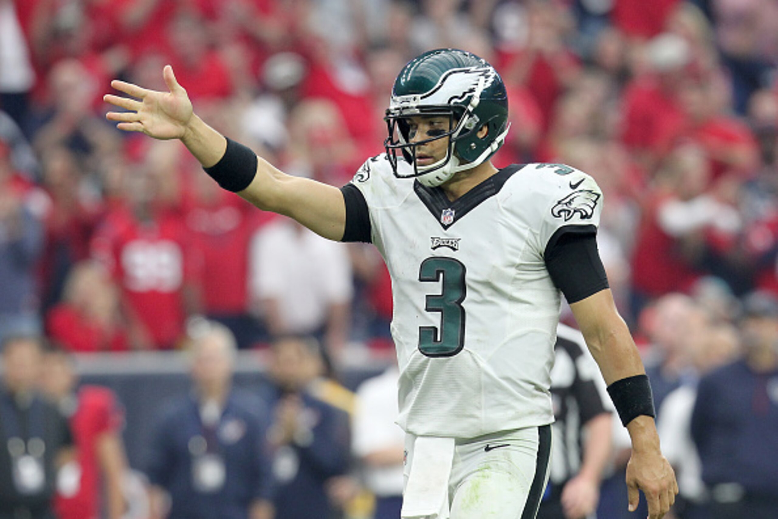 HOUSTON, TX- NOVEMBER 02: Mark Sanchez #3 of the Philadelphia Eagles singles first down against the Houston Texans in the second half in a NFL game on November 2, 2014 at NRG Stadium in Houston, Texas. Eagles won 31 to 21. (Photo by Thomas B. Shea/Getty I