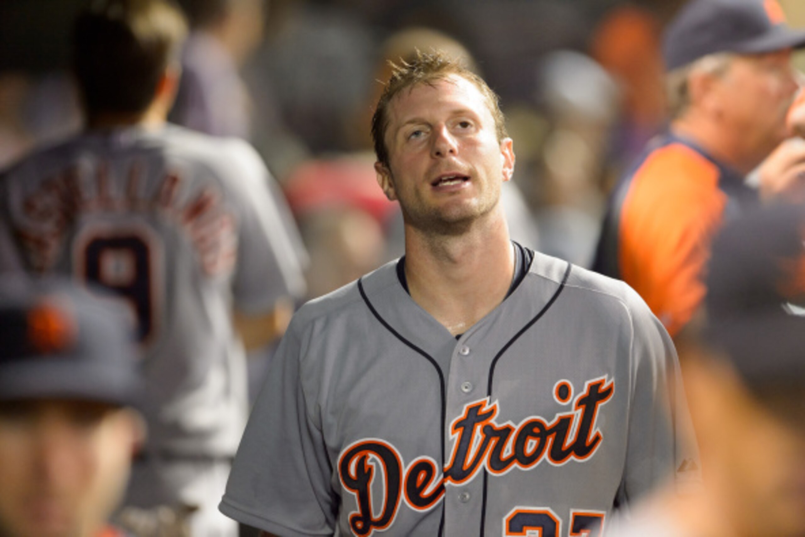 CLEVELAND, OH - SEPTEMBER 4: Starting pitcher Max Scherzer #37 of the Detroit Tigers reacts after leaving the game after the sixth inning against the Cleveland Indians at Progressive Field on September 4, 2014 in Cleveland, Ohio. (Photo by Jason Miller/Ge
