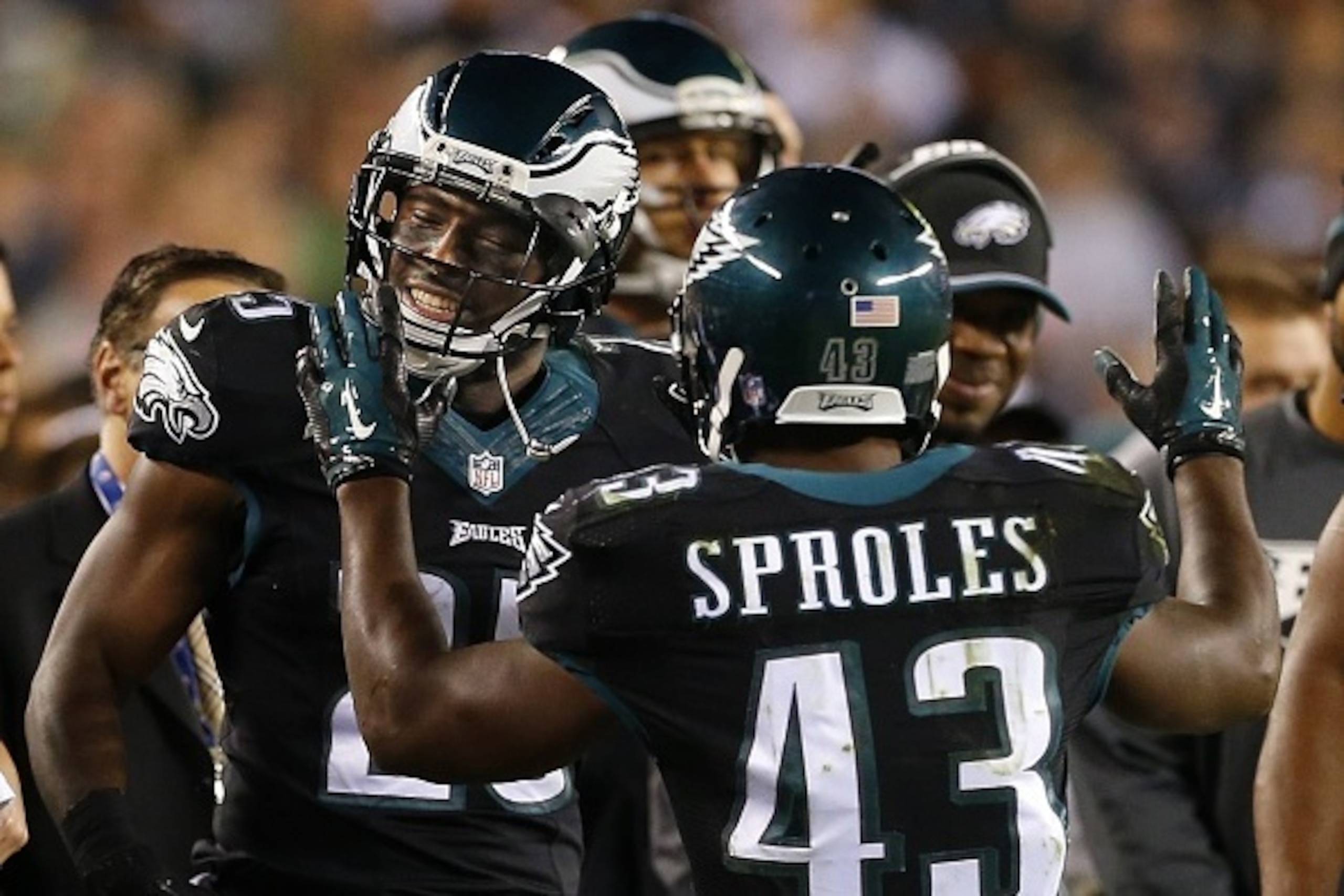 PHILADELPHIA, PA - OCTOBER 12: Darren Sproles #43 of the Philadelphia Eagles celebrates with teammate LeSean McCoy #25 after scoring a touchdown against the New York Giants during the third quarter of a football game at Lincoln Financial Field on October PHILADELPHIA, PA - OCTOBER 12: Darren Sproles #43 of the Philadelphia Eagles celebrates with teammate LeSean McCoy #25 after scoring a touchdown against the New York Giants during the third quarter of a football game at Lincoln Financial Field on October