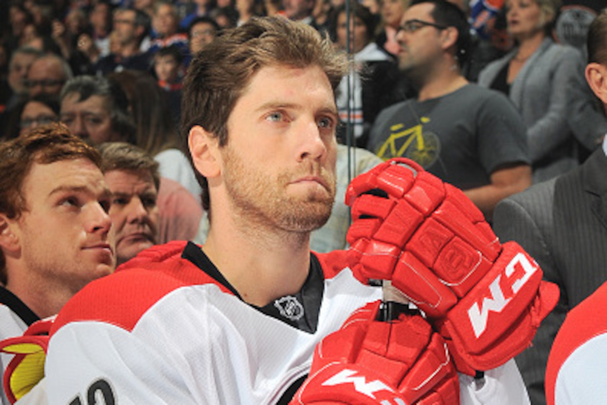 EDMONTON, AB - OCTOBER 24: Brett Bellemore #73 of the Carolina Hurricanes stands for the singing of the national anthem prior to a game against the Edmonton Oilers on October 24, 2014 at Rexall Place in Edmonton, Alberta, Canada. (Photo by Andy Devlin/NHL