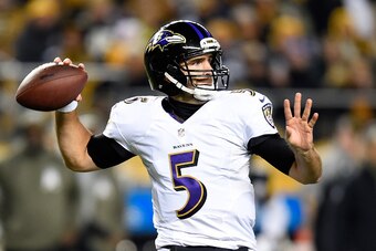 PITTSBURGH, PA - NOVEMBER 02:  Joe Flacco #5 of the Baltimore Ravens throws a first quarter pass against the Pittsburgh Steelers at Heinz Field on November 2, 2014 in Pittsburgh, Pennsylvania.  (Photo by Joe Sargent/Getty Images)