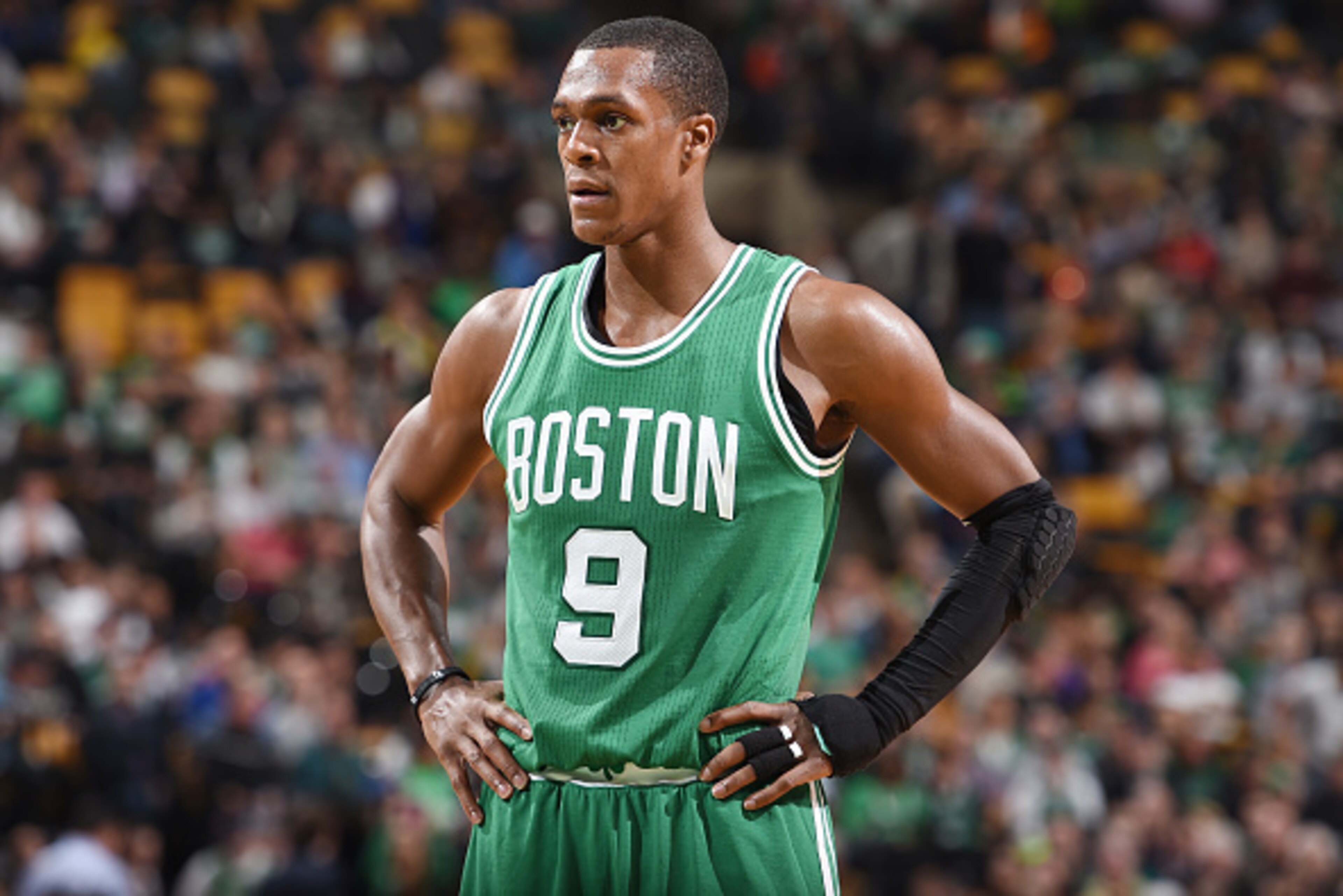 BOSTON, MA - OCTOBER 29: Rajon Rondo #9 of the Boston Celtics during the game against the Brooklyn Nets on October 29, 2014 at the TD Garden in Boston, Massachusetts. NOTE TO USER: User expressly acknowledges and agrees that, by downloading and or using t
