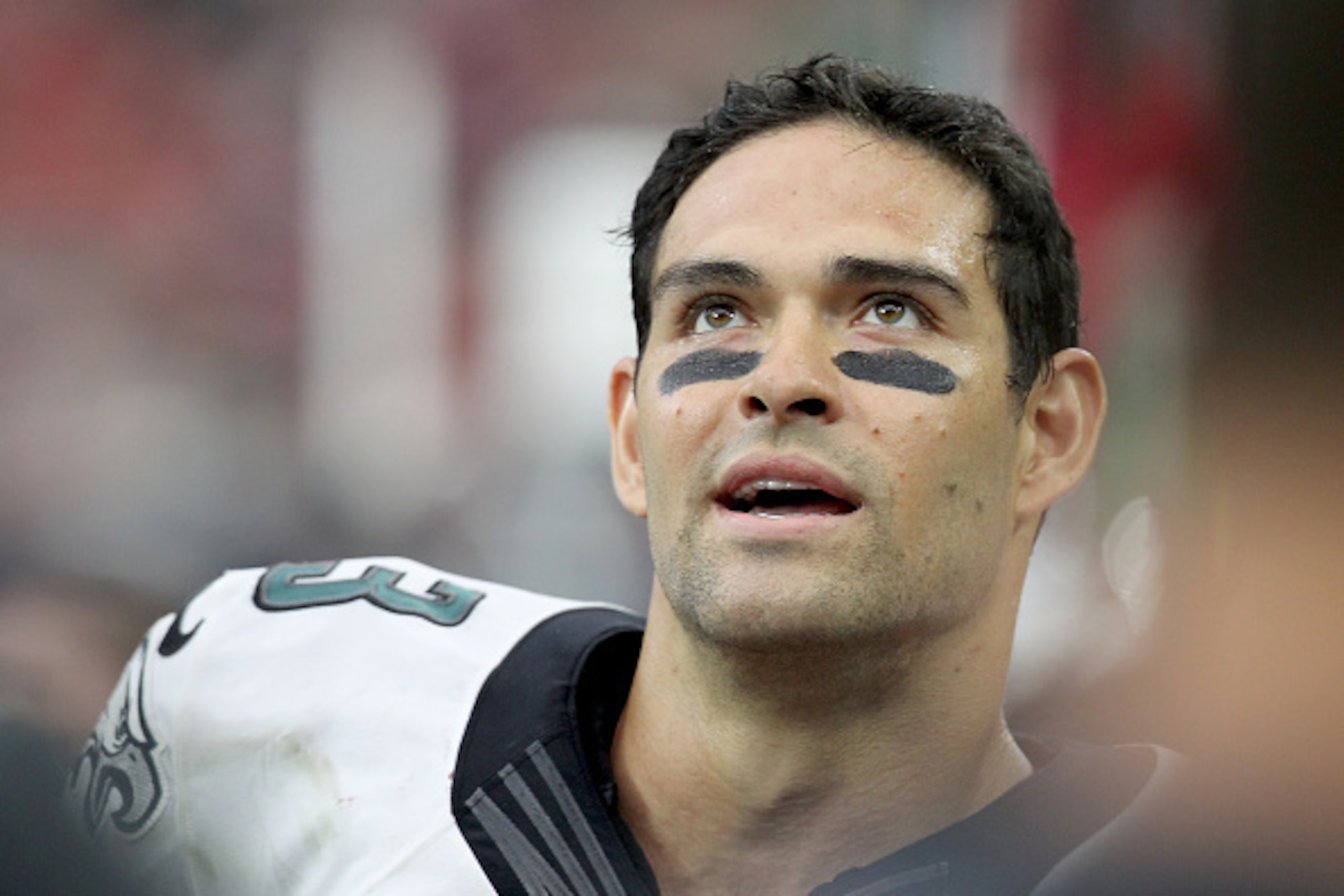 HOUSTON, TX- NOVEMBER 02: Mark Sanchez #3 of the Philadelphia Eagles smiles after throwing a touchdown pass against the Houston Texans in the second half in a NFL game on November 2, 2014 at NRG Stadium in Houston, Texas. Eagles won 31 to 21. (Photo by Th
