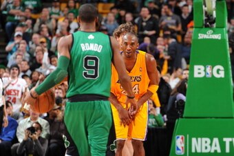 BOSTON, MA - FEBRUARY 9: Kobe Bryant #24 of the Los Angeles Lakers during the third quarter against Rajon Rondo #9 of the Boston Celtics on February 9, 2012 at the TD Garden in Boston, Massachusetts. NOTE TO USER: User expressly acknowledges and agrees th