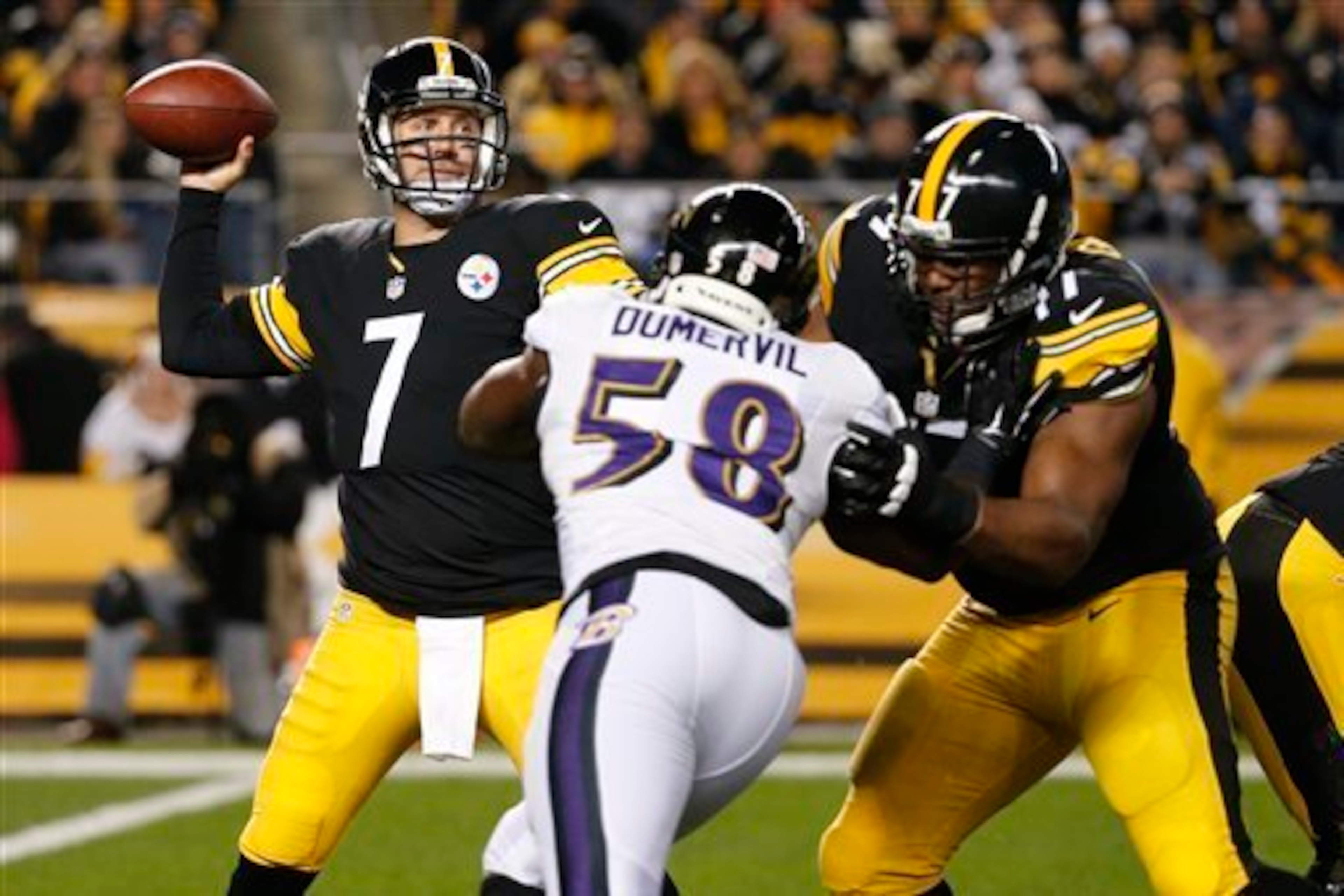 Marcus Gilbert gets beat by Elvis Dumervil in Week 9 game against the Ravens.