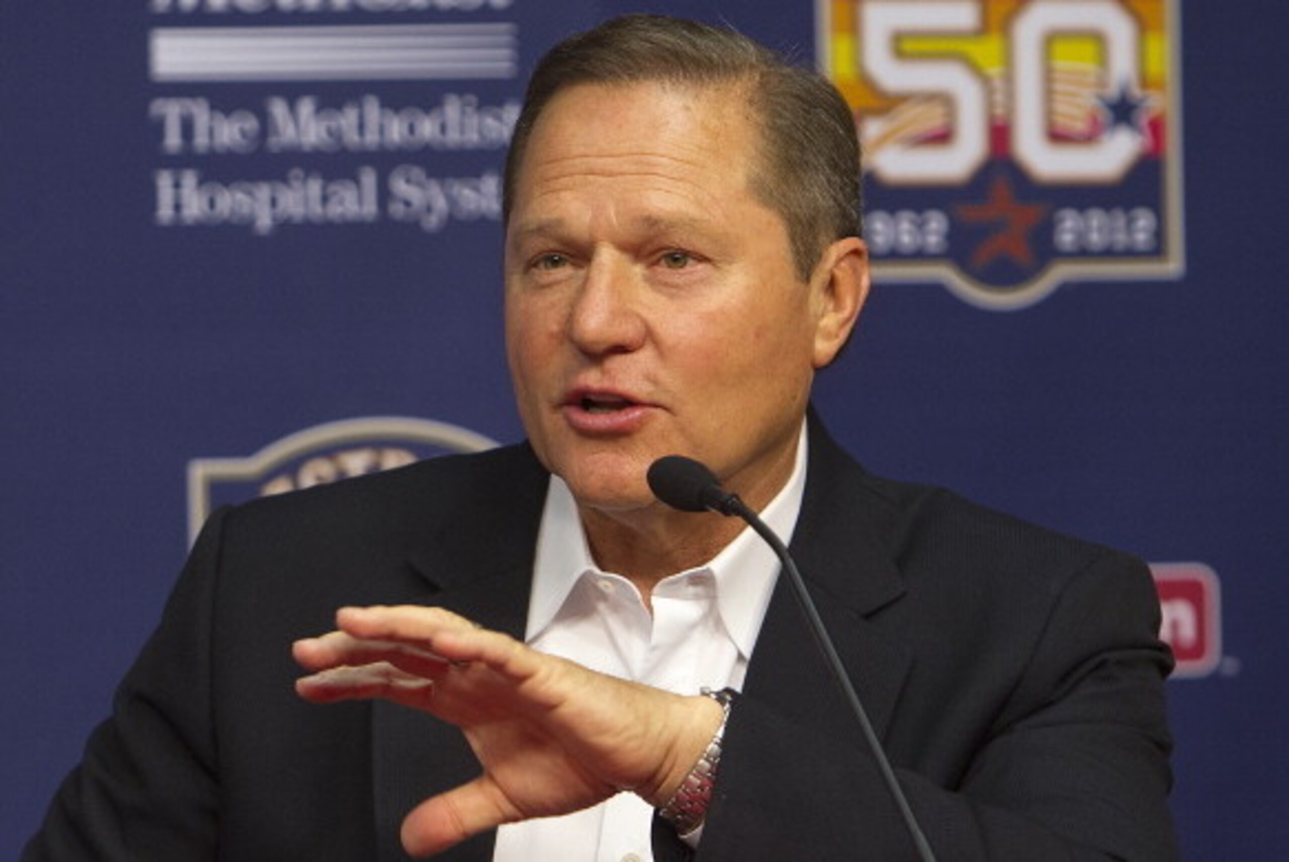 HOUSTON, TX - JUNE 18: Scott Boras, agent of right-handed pitcher Lance McCullers, who was selected in the compensation first round (41st overall) of the 2012 MLB First Year Player Draft, is speaks during a press conference at Minute Maid Park on June 18,