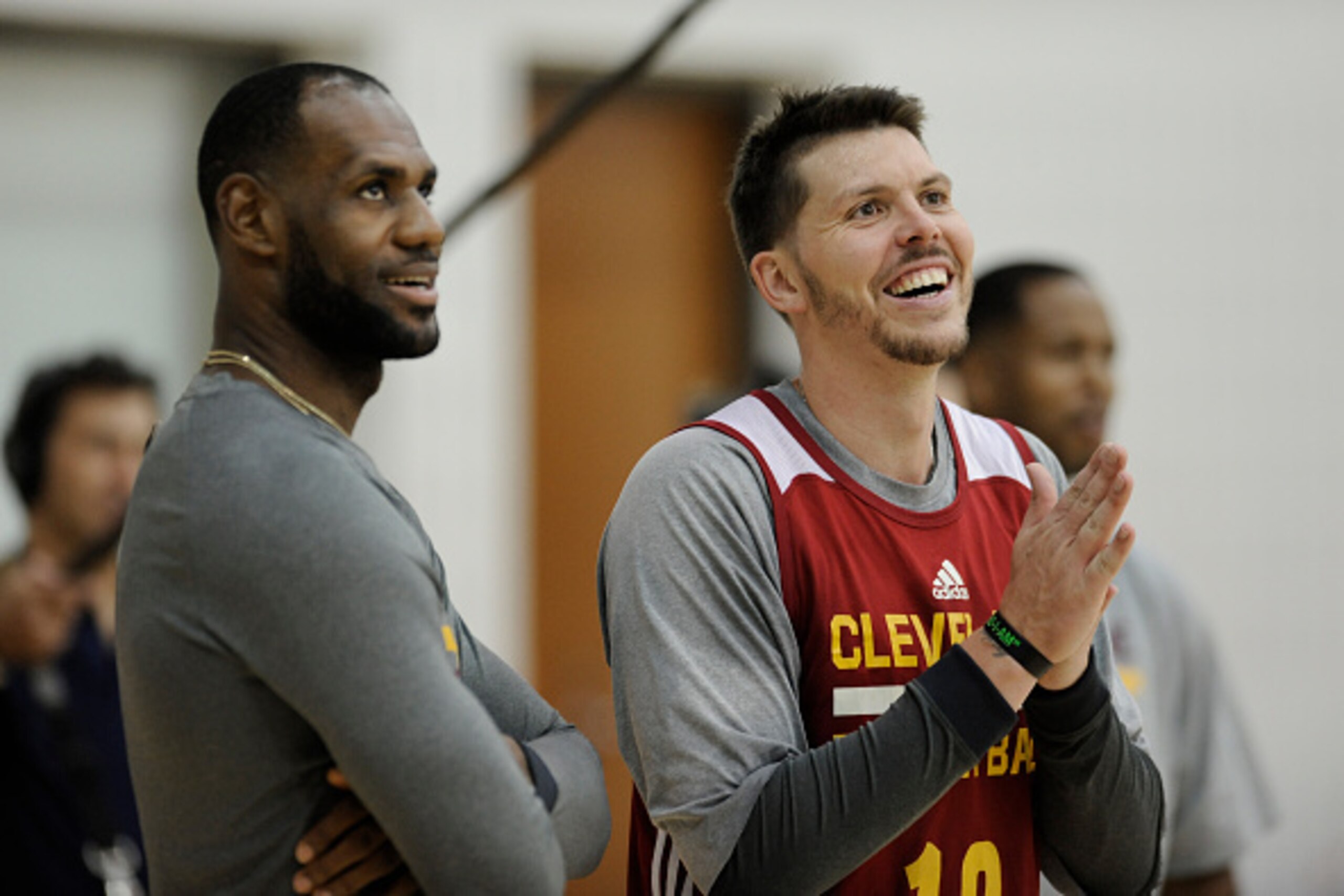 INDEPENDENCE, OH - SEPTEMBER 30: LeBron James #23 and Mike Miller #18 of the Cleveland Cavaliers smile during a practice at The Cleveland Clinic Courts on September 30, 2014 in Independence, Ohio. NOTE TO USER: User expressly acknowledges and agrees that,