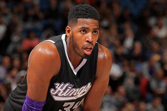 SACRAMENTO, CA - OCTOBER 31: Jason Thompson #34 of the Sacramento Kings looks on during the game against the Portland Trail Blazers on October 31, 2014 at Sleep Train Arena in Sacramento, California. NOTE TO USER: User expressly acknowledges and agrees th