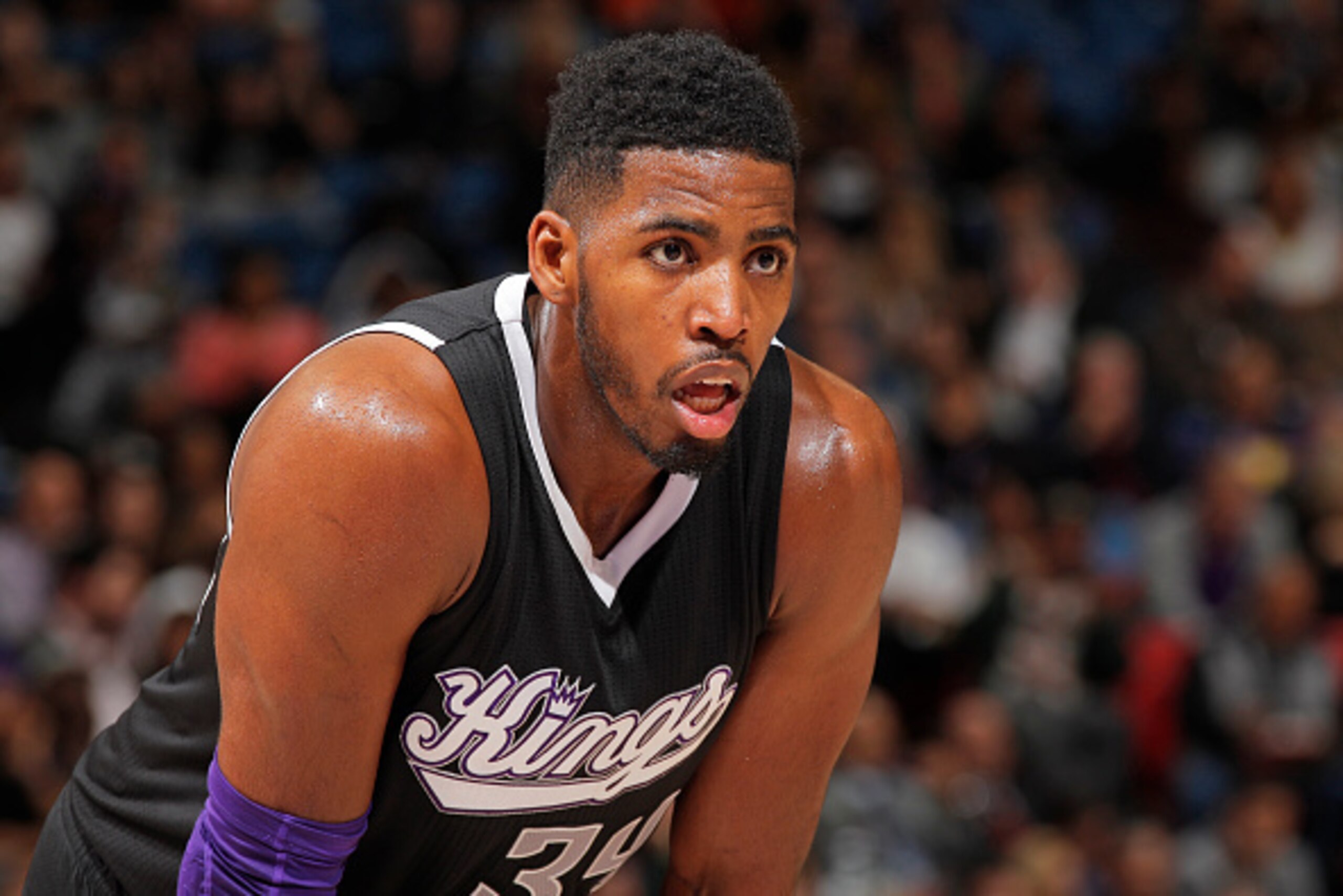 SACRAMENTO, CA - OCTOBER 31: Jason Thompson #34 of the Sacramento Kings looks on during the game against the Portland Trail Blazers on October 31, 2014 at Sleep Train Arena in Sacramento, California. NOTE TO USER: User expressly acknowledges and agrees th
