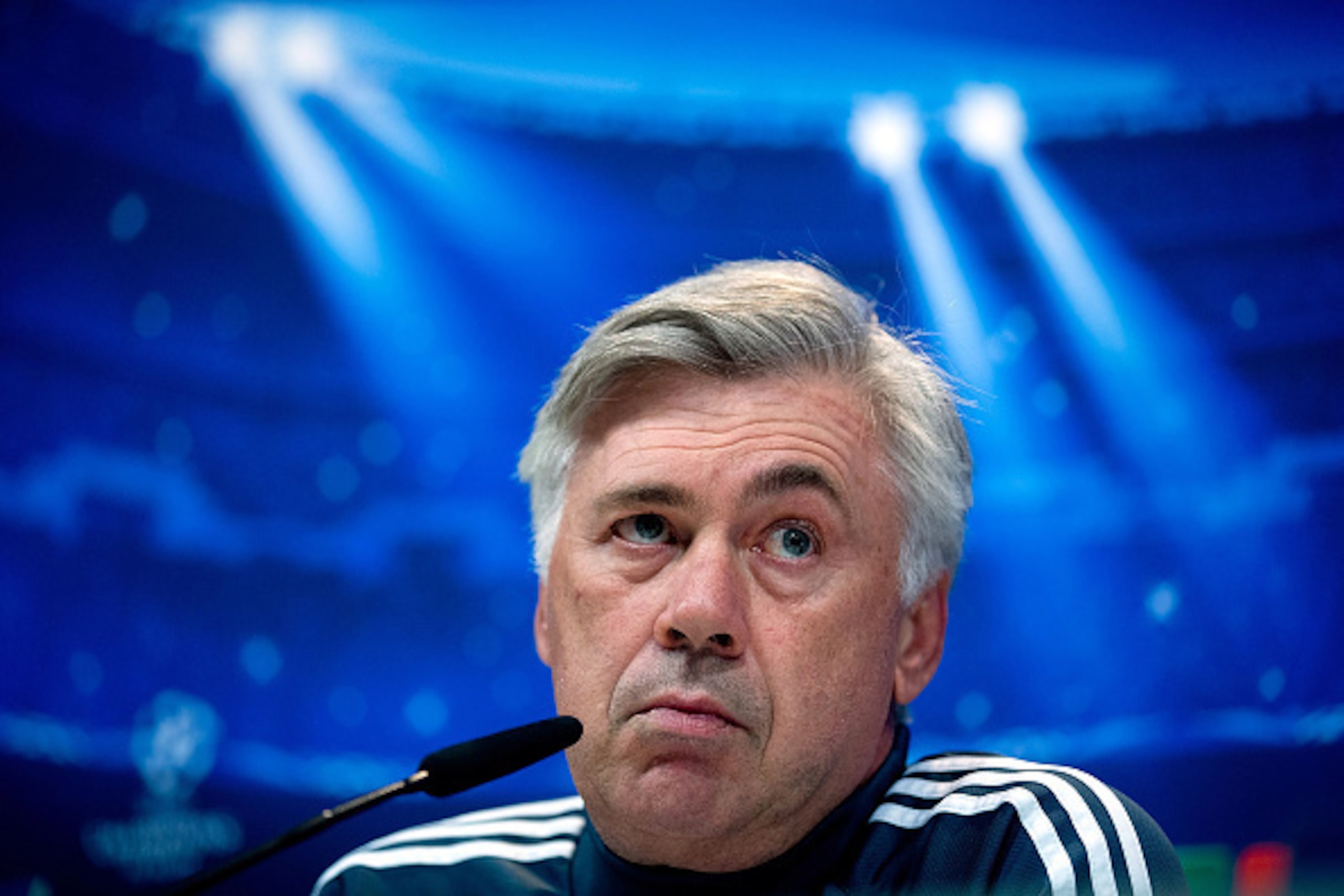 MADRID, SPAIN - NOVEMBER 03:  Head coach Carlo Ancelotti of Real Madrid CF answers questions from the media during a press conference ahead of the UEFA Champions League match against Liverpool FC at Valdebebas training ground on November 3, 2014 in Madrid