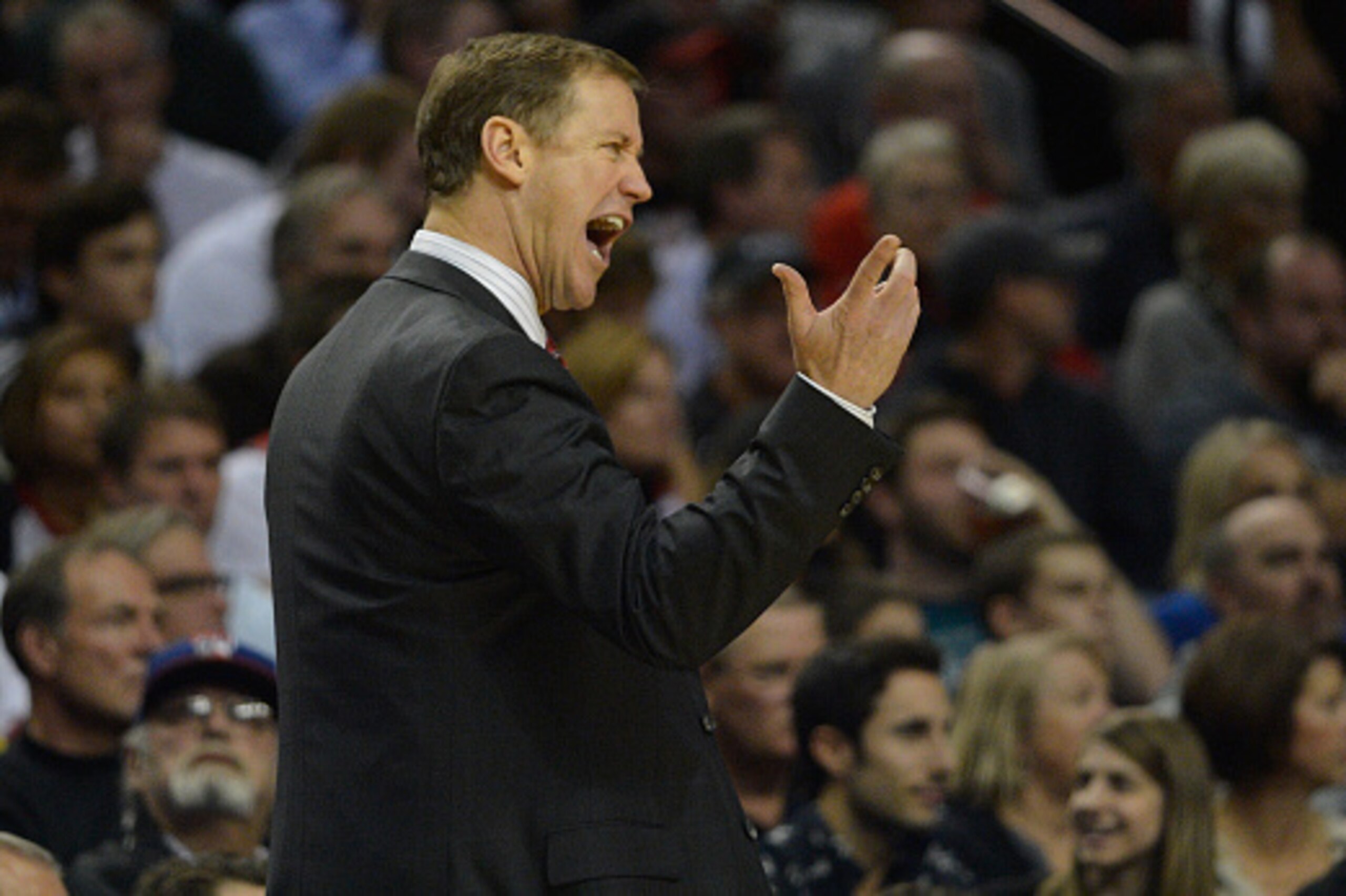 PORTLAND, OR - NOVEMBER 04: Head coach Terry Stotts of the Portland Trail Blazers yells out to his team during the third quarter of the game against the Portland Trail Blazers at Moda Center on November 4, 2014 in Portland, Oregon. NOTE TO USER: User expr