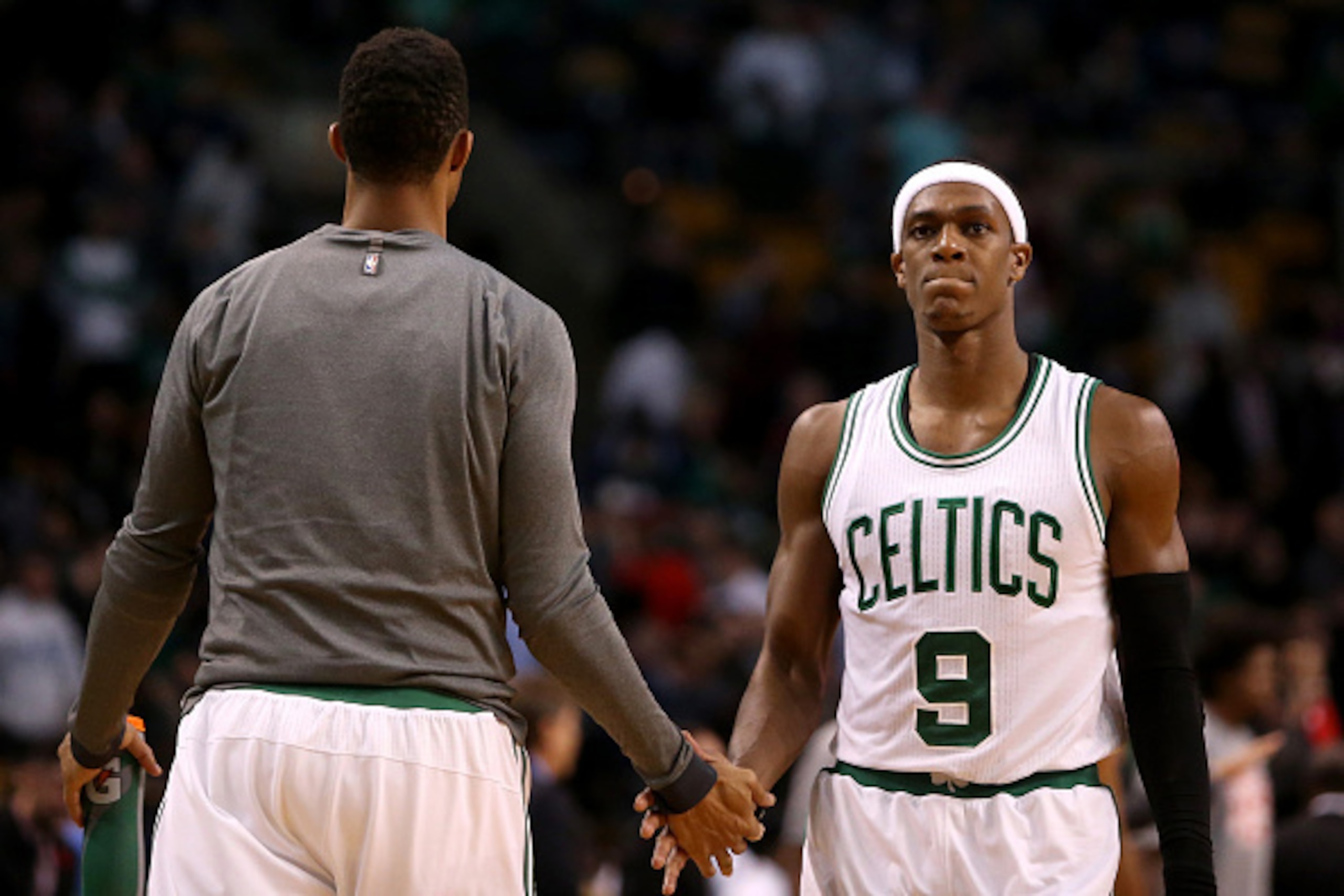 BOSTON, MA - NOVEMBER 05: Rajon Rondo #9 of the Boston Celtics walks back toward the bench after being defeated by the Toronto Raptors at TD Garden on November 5, 2014 in Boston, Massachusetts. NOTE TO USER: User expressly acknowledges and agrees that, by