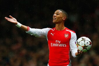 LONDON, ENGLAND - NOVEMBER 04:  Kieran Gibbs of Arsenal reacts as he take a throw in during the UEFA Champions League Group D match between Arsenal FC and RSC Anderlecht at Emirates Stadium on November 4, 2014 in London, United Kingdom.  (Photo by Michael