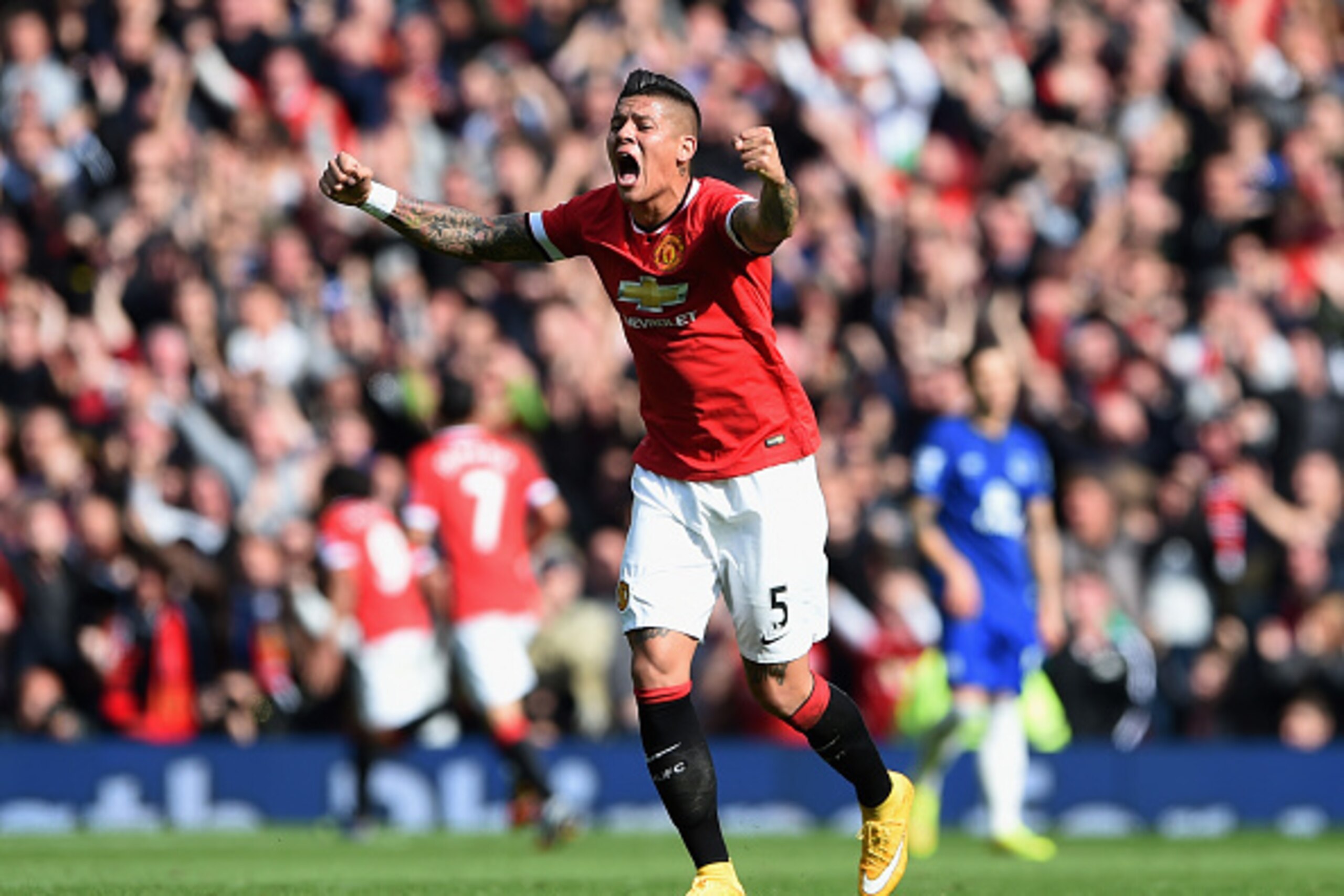 MANCHESTER, ENGLAND - OCTOBER 05:  Marcos Rojo of Manchester United celebrates his team's second goal during the Barclays Premier League match between Manchester United and Everton at Old Trafford on October 5, 2014 in Manchester, England.  (Photo by Mich