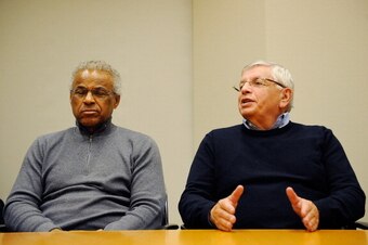 NEW YORK, NY - NOVEMBER 26:  NBA Commissioner David Stern (R) and Former Executive Director of the National Basketball Players Association Billy Hunter speak to members of the press to announce a tentative labor agreement to end the 149-day lockout on Nov