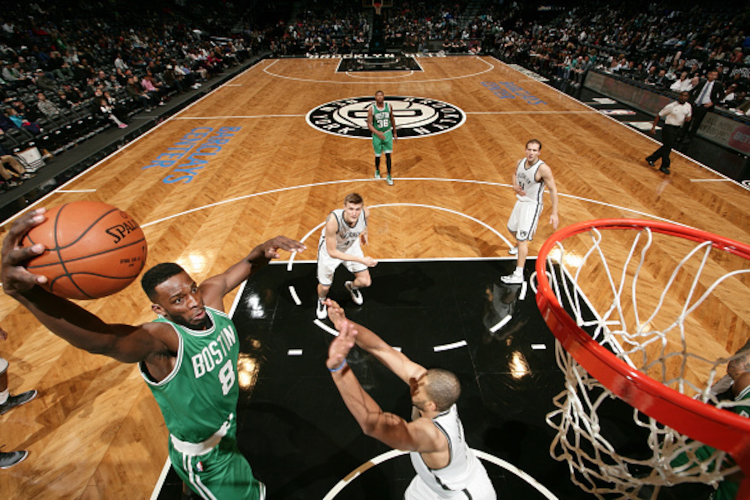 BROOKLYN, NY - OCTOBER 19: Jeff Green #8 of the Boston Celtics goes for the dunk against the Brooklyn Nets during the game on October 19, 2014 at Barclays Center in Brooklyn, New York. NOTE TO USER: User expressly acknowledges and agrees that, by download