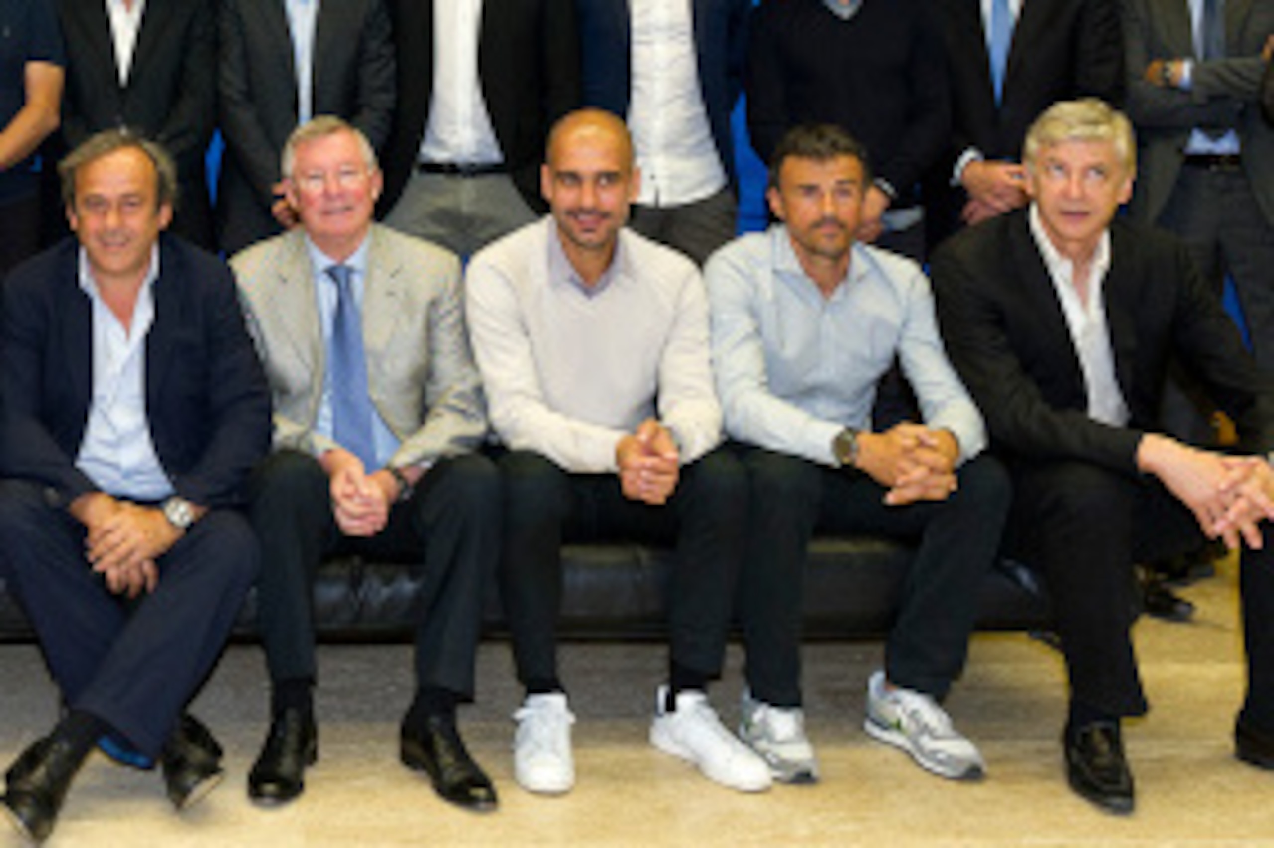 NYON, SWITZERLAND - SEPTEMBER 03:  UEFA Chief Refereeing Officer Pierluigi Collina, Paris St. Germain FC Coach Laurent Blanc, Manchester City FC Coach Manuel Pellegrini, Valencia CF Coach Nuno Espirito Santo, FC Schalke 04 Coach Jens Keller, FC Shakhtar D