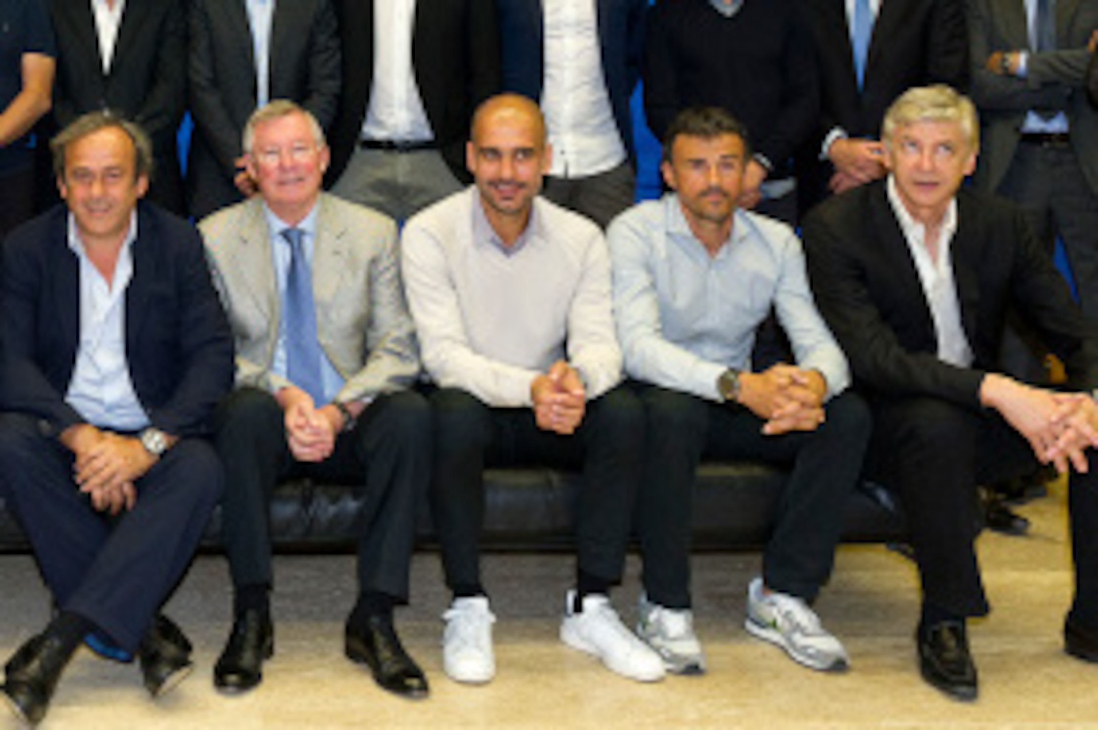 NYON, SWITZERLAND - SEPTEMBER 03:  UEFA Chief Refereeing Officer Pierluigi Collina, Paris St. Germain FC Coach Laurent Blanc, Manchester City FC Coach Manuel Pellegrini, Valencia CF Coach Nuno Espirito Santo, FC Schalke 04 Coach Jens Keller, FC Shakhtar D