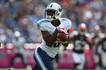 NASHVILLE, TN - OCTOBER 05:  Justin Hunter #15 of the Tennessee Titans runs for a touchdown during the game against the Cleveland Browns at LP Field on October 5, 2014 in Nashville, Tennessee.  (Photo by Andy Lyons/Getty Images)