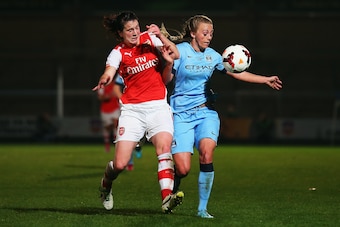 HIGH WYCOMBE, ENGLAND - OCTOBER 16:  Jill Scott of Manchester City Women battles with Toni Duggan of Arsenal Ladies during the FA WSL Continental Cup Final between Arsenal Ladies and Manchester City Ladies at Adams Park on October 16, 2014 in High Wycombe