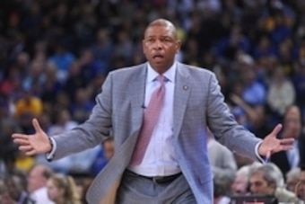 November 5, 2014; Oakland, CA, USA; Los Angeles Clippers head coach Doc Rivers reacts against the Golden State Warriors during the fourth quarter at Oracle Arena. The Warriors defeated the Clippers 121-104. Mandatory Credit: Kyle Terada-USA TODAY Sports