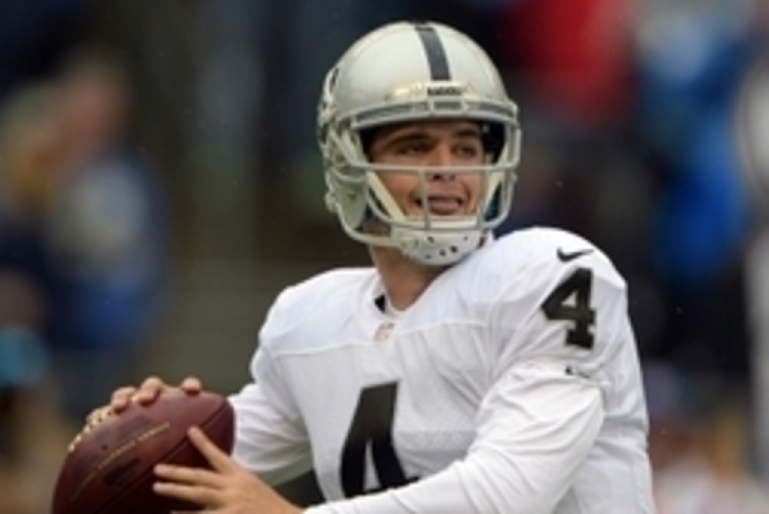 Nov 2, 2014; Seattle, WA, USA; Oakland Raiders quarterback Derek Carr (4) throws a pass against the Seattle Seahawks at CenturyLink Field. Mandatory Credit: Kirby Lee-USA TODAY Sports