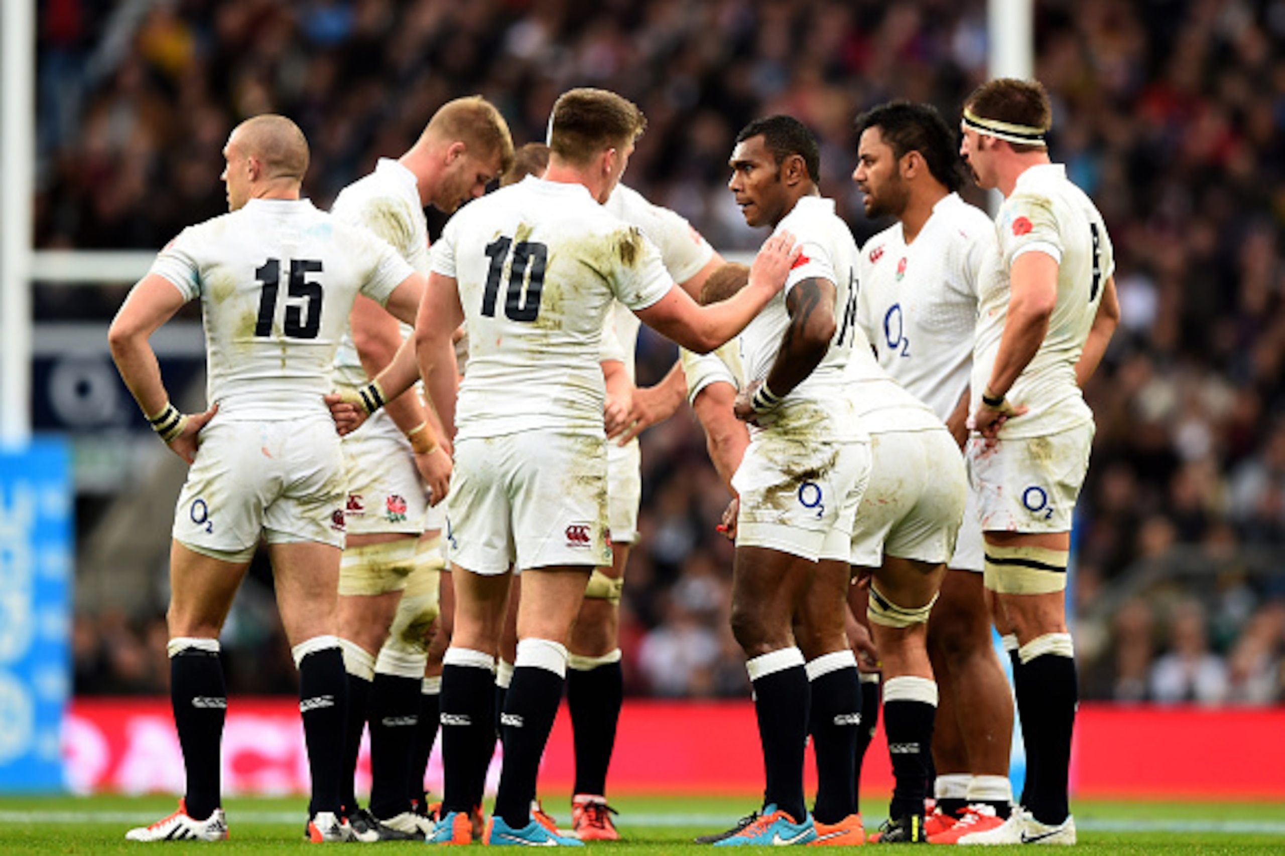 LONDON, ENGLAND - NOVEMBER 08: Owen Farrell of England talks to Semesa Rokoduguni of England during the QBE International match between England and New Zealand at Twickenham Stadium on November 8, 2014 in London, England.  (Photo by Shaun Botterill/Getty 