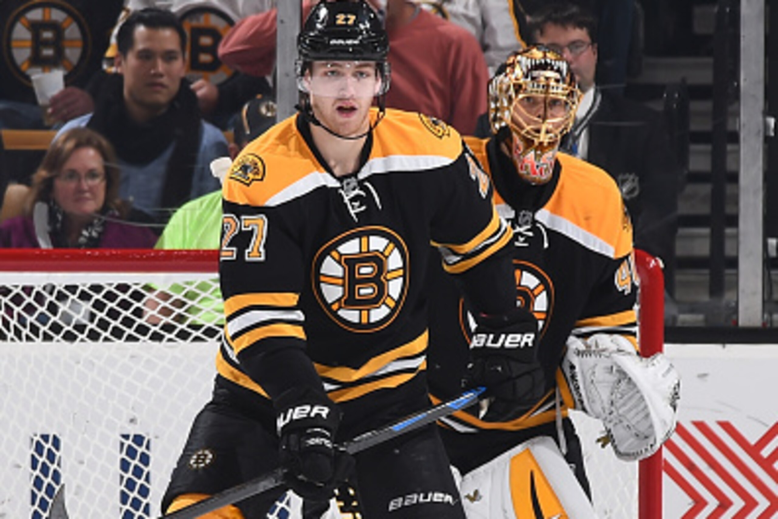 BOSTON, MA - NOVEMBER 4: Dougie Hamilton #27 and Tuukka Rask #40 of the Boston Bruins watch the play against the Florida Panthers at the TD Garden on November 4, 2014 in Boston, Massachusetts.  (Photo by Steve Babineau/NHLI via Getty Images)