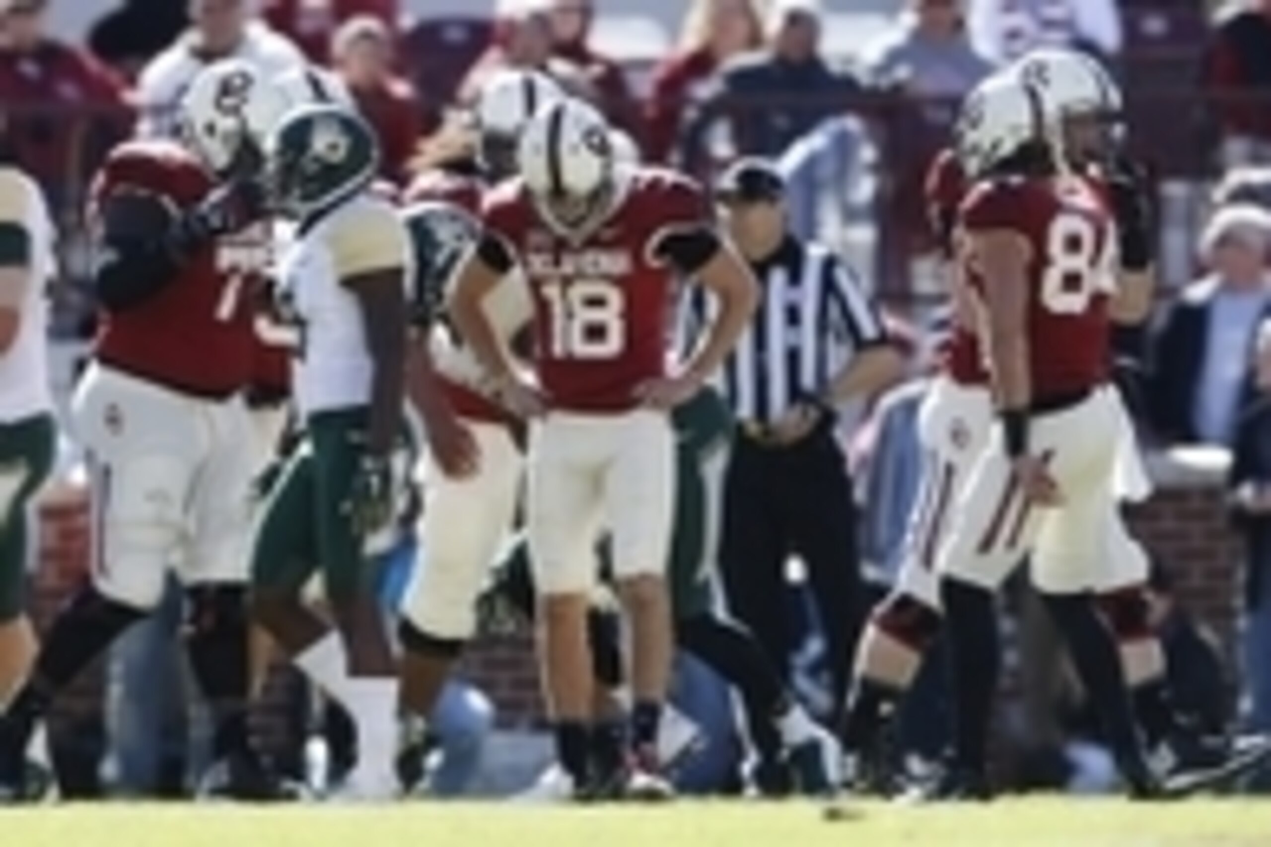 Nov 8, 2014; Norman, OK, USA; Oklahoma Sooners place kicker Michael Hunnicutt (18) reacts after missing a field goal during the first half against the Baylor Bears at Gaylord Family - Oklahoma Memorial Stadium. Mandatory Credit: Kevin Jairaj-USA TODAY Spo