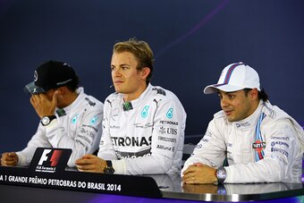 SAO PAULO, BRAZIL - NOVEMBER 08:  Felipe Massa of Brazil and Williams speaks next to Nico Rosberg of Germany and Mercedes GP and Lewis Hamilton of Great Britain and Mercedes GP during a press conference after qualifying for the Brazilian Formula One Grand