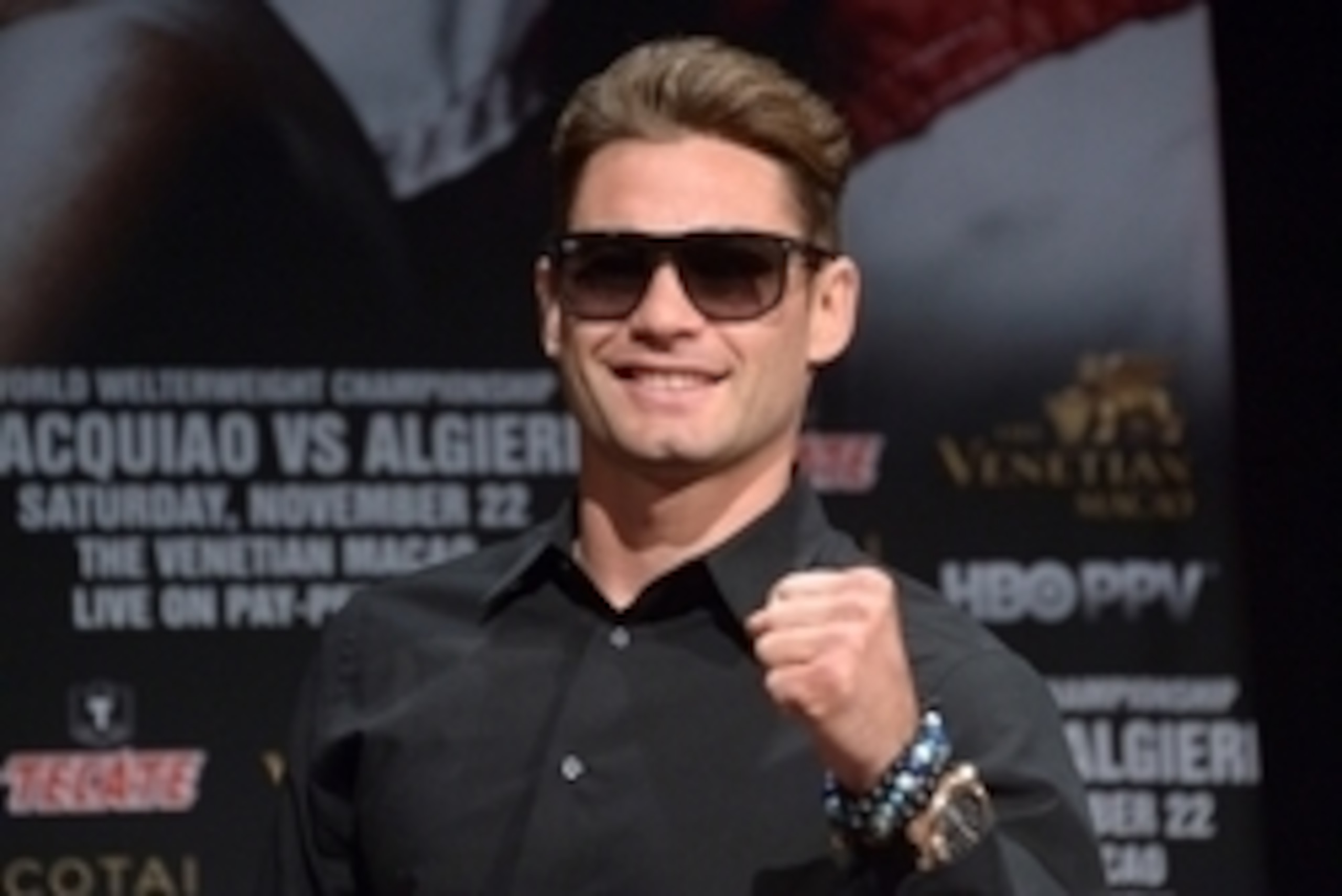 Sep 3, 2014; Los Angeles, CA, USA; Chris Algieri poses at press conference at Hyatt Regency Century Plaza Hotel in advance of World Welterweight Championship bout against Manny Pacquiao (not pictured) on Nov. 22, 2014. Mandatory Credit: Kirby Lee-USA TODA