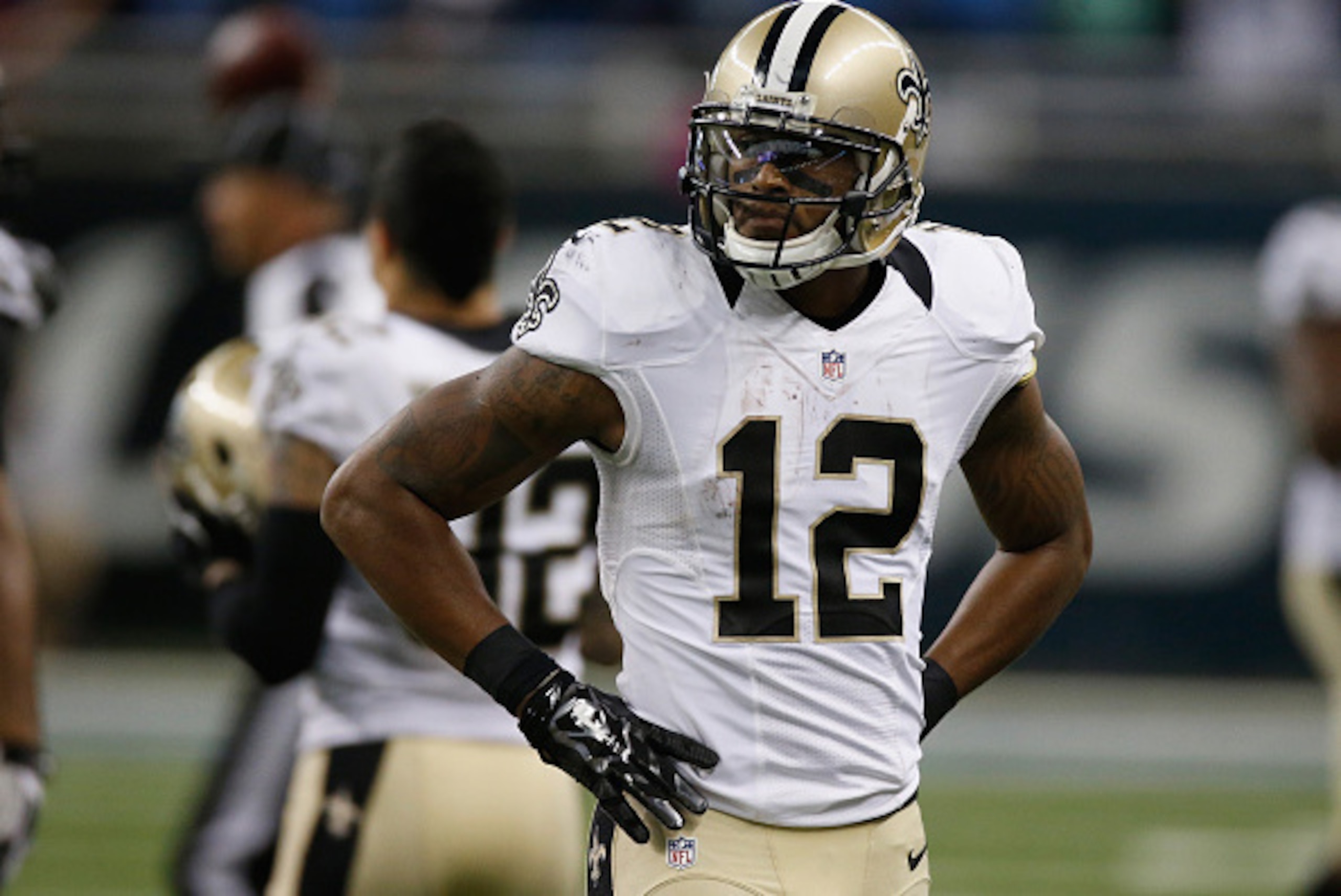 DETROIT, MI - OCTOBER 19: Marques Colston #12 of the New Orleans Saints looks on as time runs out during a 23-24 loss to the Detroit Lions at Ford Field on October 19, 2014 in Detroit, Michigan. (Photo by Greg Shamus/Getty Images)