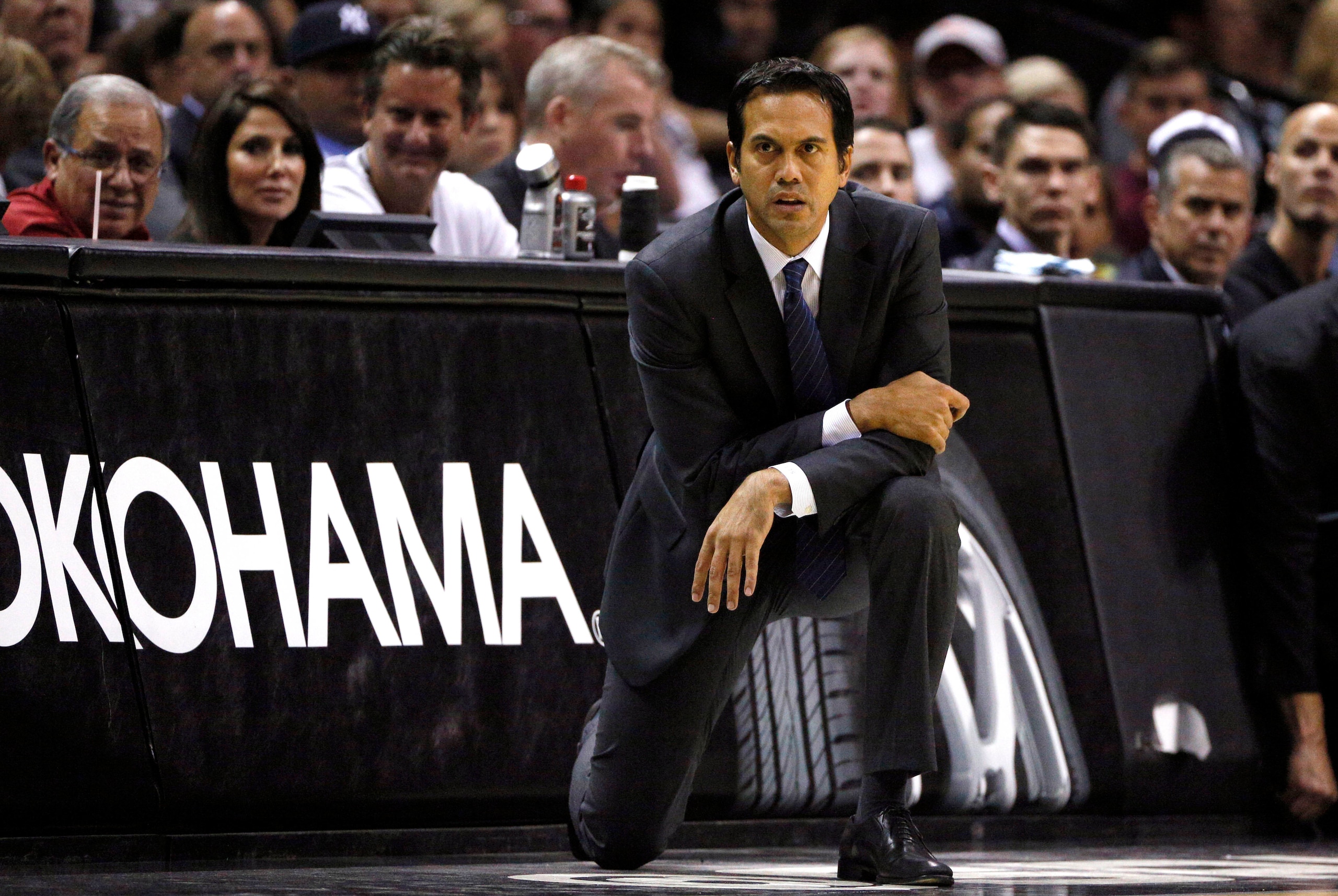 Oct 18, 2014; San Antonio, TX, USA; Miami Heat head coach Erik Spoelstra watches from the sideline against the San Antonio Spurs during the first half at AT&T Center. Mandatory Credit: Soobum Im-USA TODAY Sports