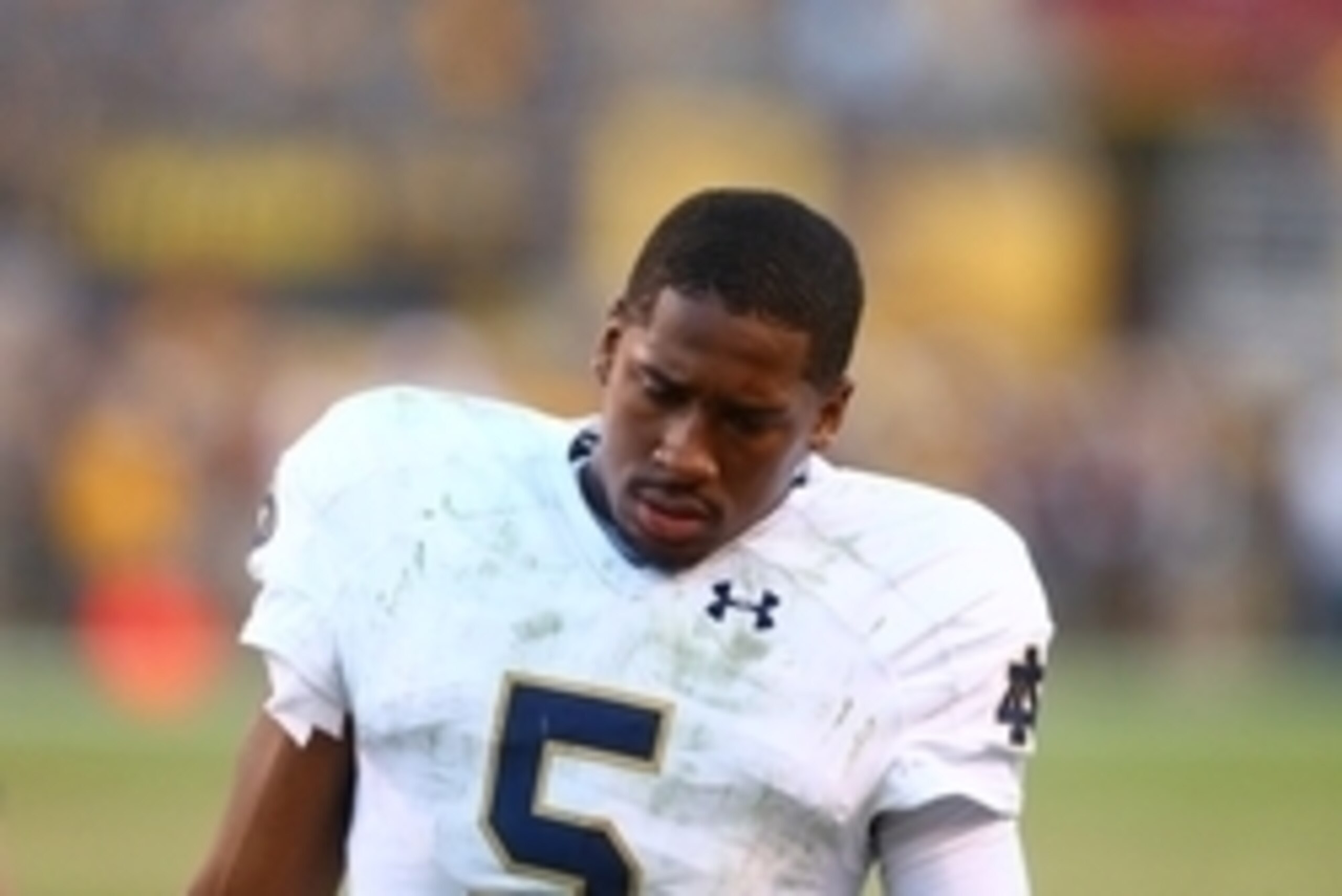 Nov 8, 2014; Tempe, AZ, USA; Notre Dame Fighting Irish quarterback Everett Golson (5) reacts in the fourth quarter against the Arizona State Sun Devils at Sun Devil Stadium. Arizona State defeated Notre Dame 55-31. Mandatory Credit: Mark J. Rebilas-USA TO