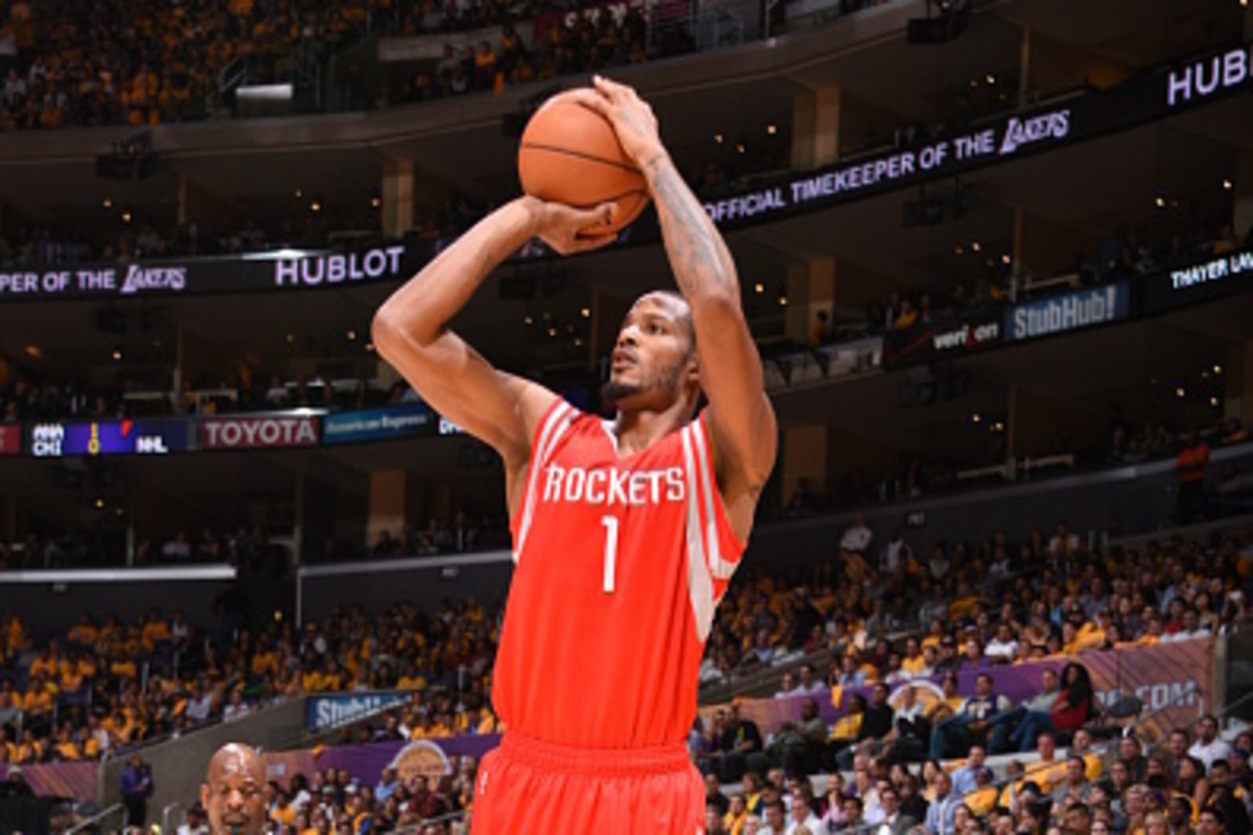 Los Angeles, CA- OCTOBER 28:  Trevor Ariza #1 of the Houston Rockers takes a shot against the Los Angeles Lakers on October 28, 2014 at the Staples Center in Los Angeles, California. NOTE TO USER:  User expressly acknowledges and agrees that, by downloadi
