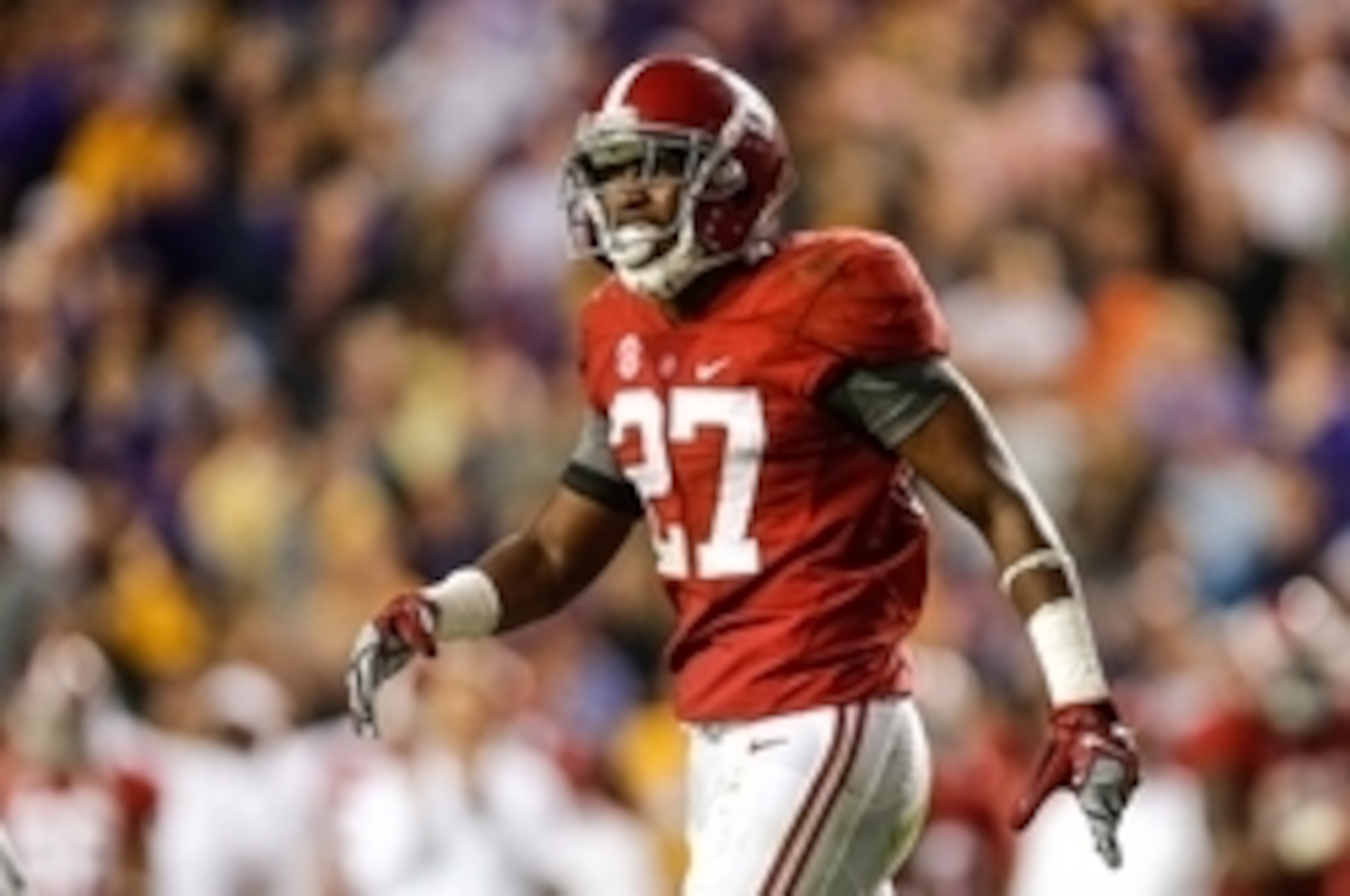 Nov 8, 2014; Baton Rouge, LA, USA; Alabama Crimson Tide defensive back Nick Perry (27) celebrates after breaking up a pass against the LSU Tigers during overtime of a game at Tiger Stadium. Alabama defeated LSU 20-13. Mandatory Credit: Derick E. Hingle-US Nov 8, 2014; Baton Rouge, LA, USA; Alabama Crimson Tide defensive back Nick Perry (27) celebrates after breaking up a pass against the LSU Tigers during overtime of a game at Tiger Stadium. Alabama defeated LSU 20-13. Mandatory Credit: Derick E. Hingle-US
