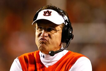 AUBURN, AL - NOVEMBER 08:  Head coach Gus Malzahn of the Auburn Tigers reacts during the game against the Texas A&M Aggies at Jordan Hare Stadium on November 8, 2014 in Auburn, Alabama.  (Photo by Kevin C. Cox/Getty Images)