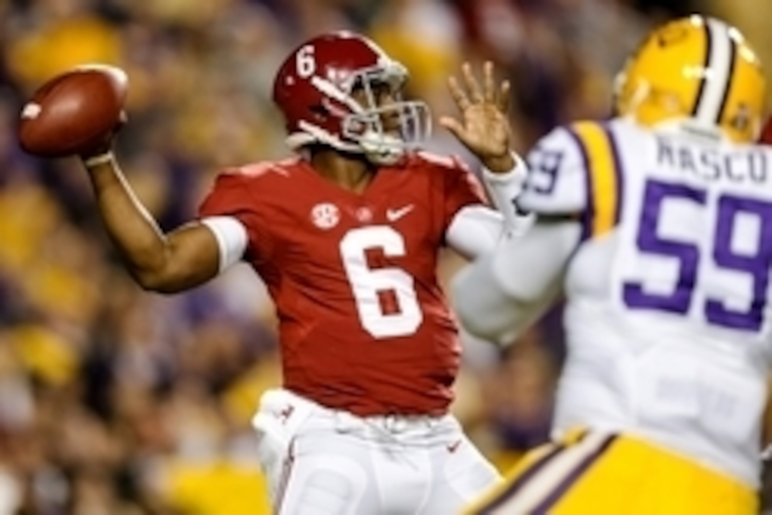 Nov 8, 2014; Baton Rouge, LA, USA; Alabama Crimson Tide quarterback Blake Sims (6) throws a pass against the LSU Tigers during the first quarter of a game at Tiger Stadium. Mandatory Credit: Derick E. Hingle-USA TODAY Sports