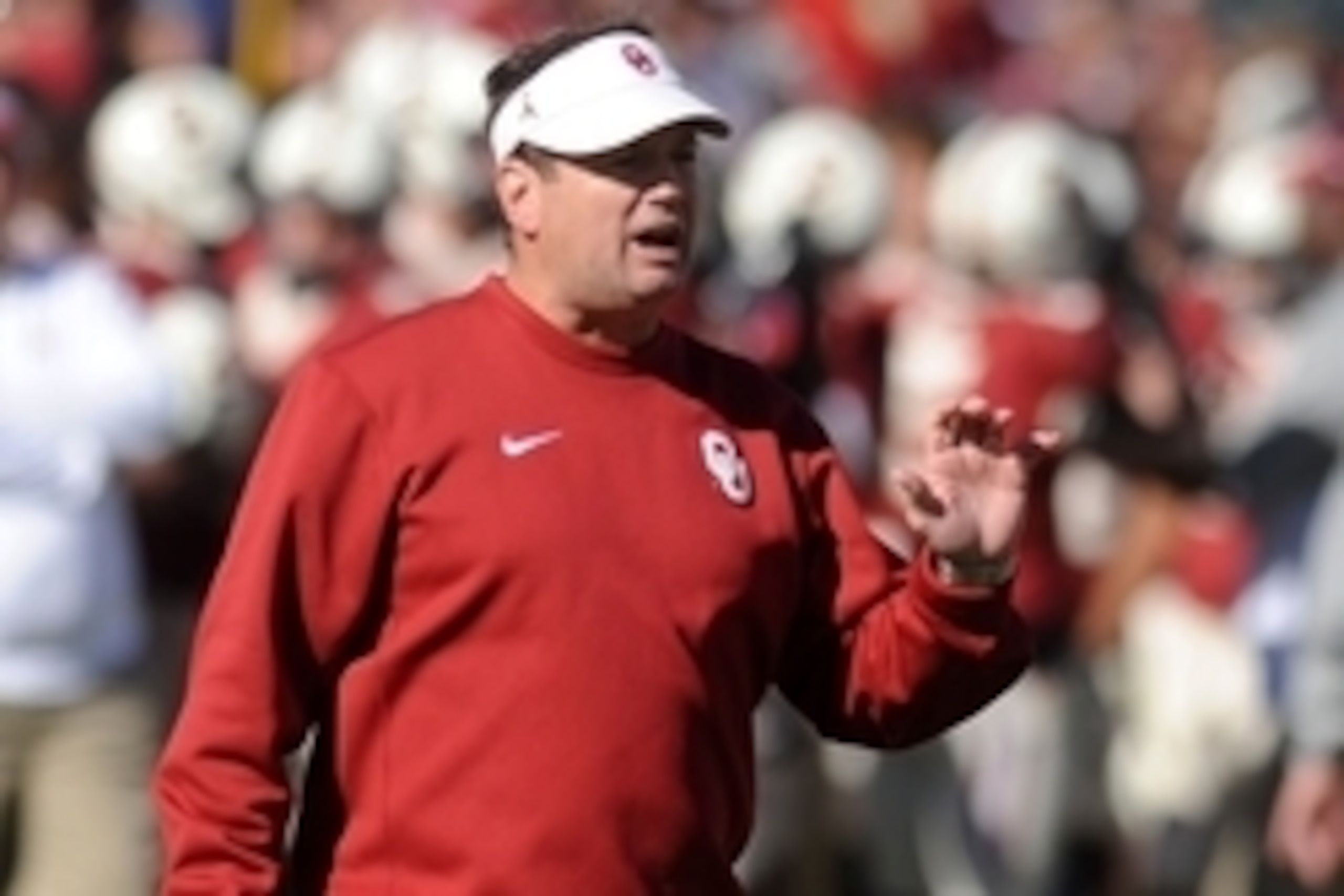 Nov 8, 2014; Norman, OK, USA; Oklahoma Sooners head coach Bob Stoops reacts to a call in action against the Baylor Bears during the second half at Gaylord Family - Oklahoma Memorial Stadium. Mandatory Credit: Mark D. Smith-USA TODAY Sports