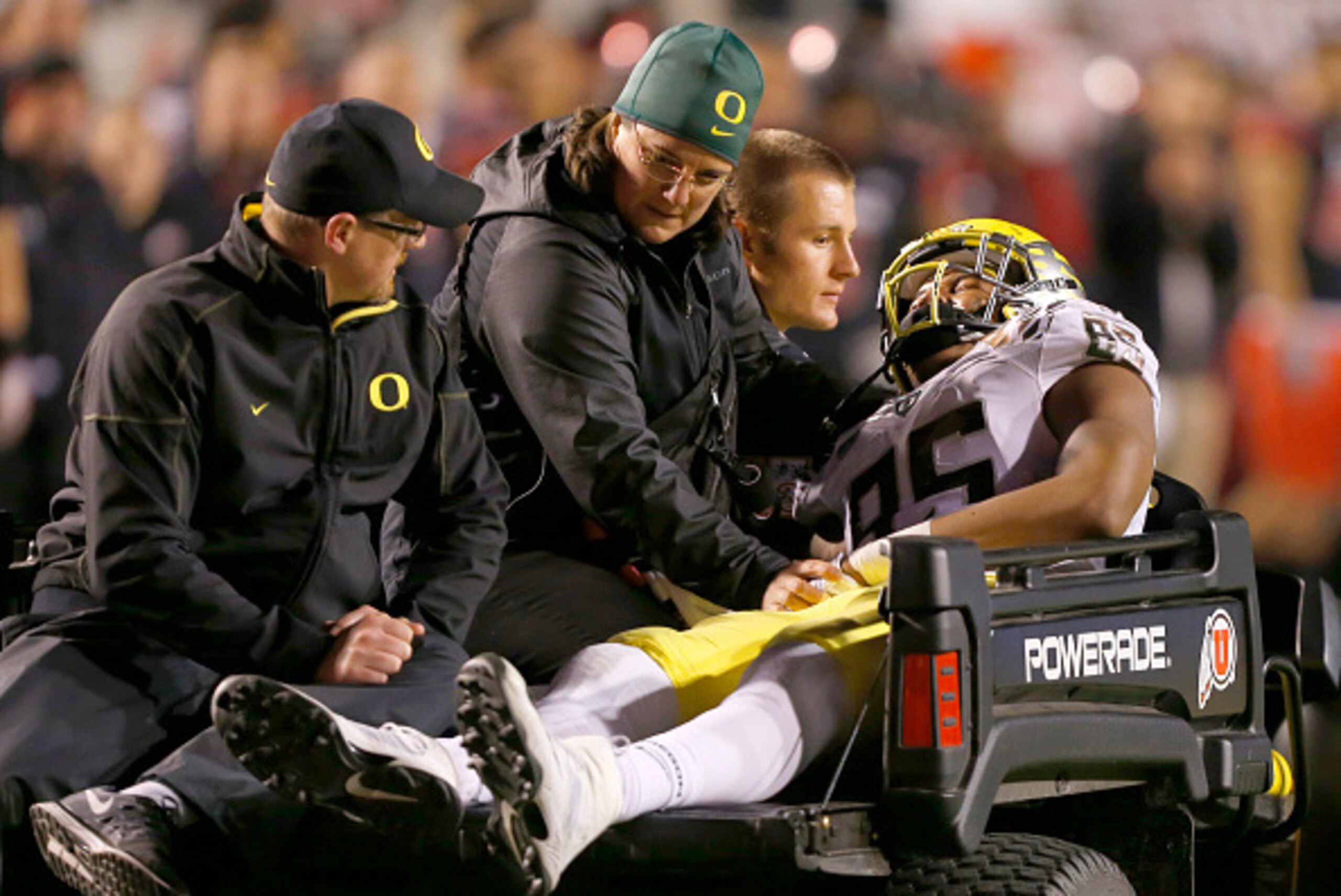 SALT LAKE CITY, UT - NOVEMBER 8:  Tight end Pharaoh Brown #85 of the Oregon Ducks is carted off the filed by trainers after injuring his knee against Utah Utes during the second half of an NCAA football game November 8, 2014 at Rice-Eccles Stadium in Salt
