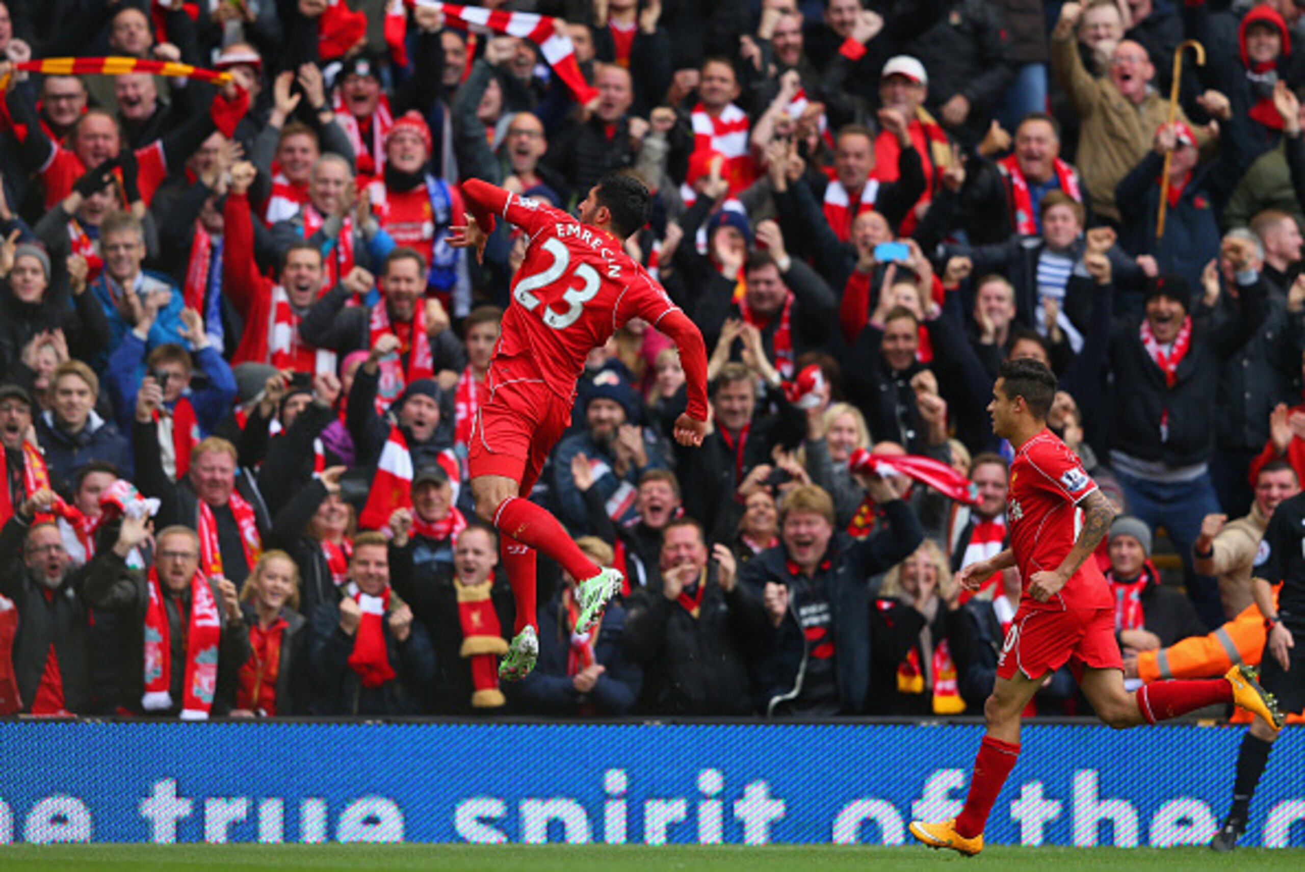 LIVERPOOL, ENGLAND - NOVEMBER 08:  Emre Can of Liverpool celebrates scoring the opening goal during the Barclays Premier League match between Liverpool and Chelsea at Anfield on November 8, 2014 in Liverpool, England.  (Photo by Alex Livesey/Getty Images)