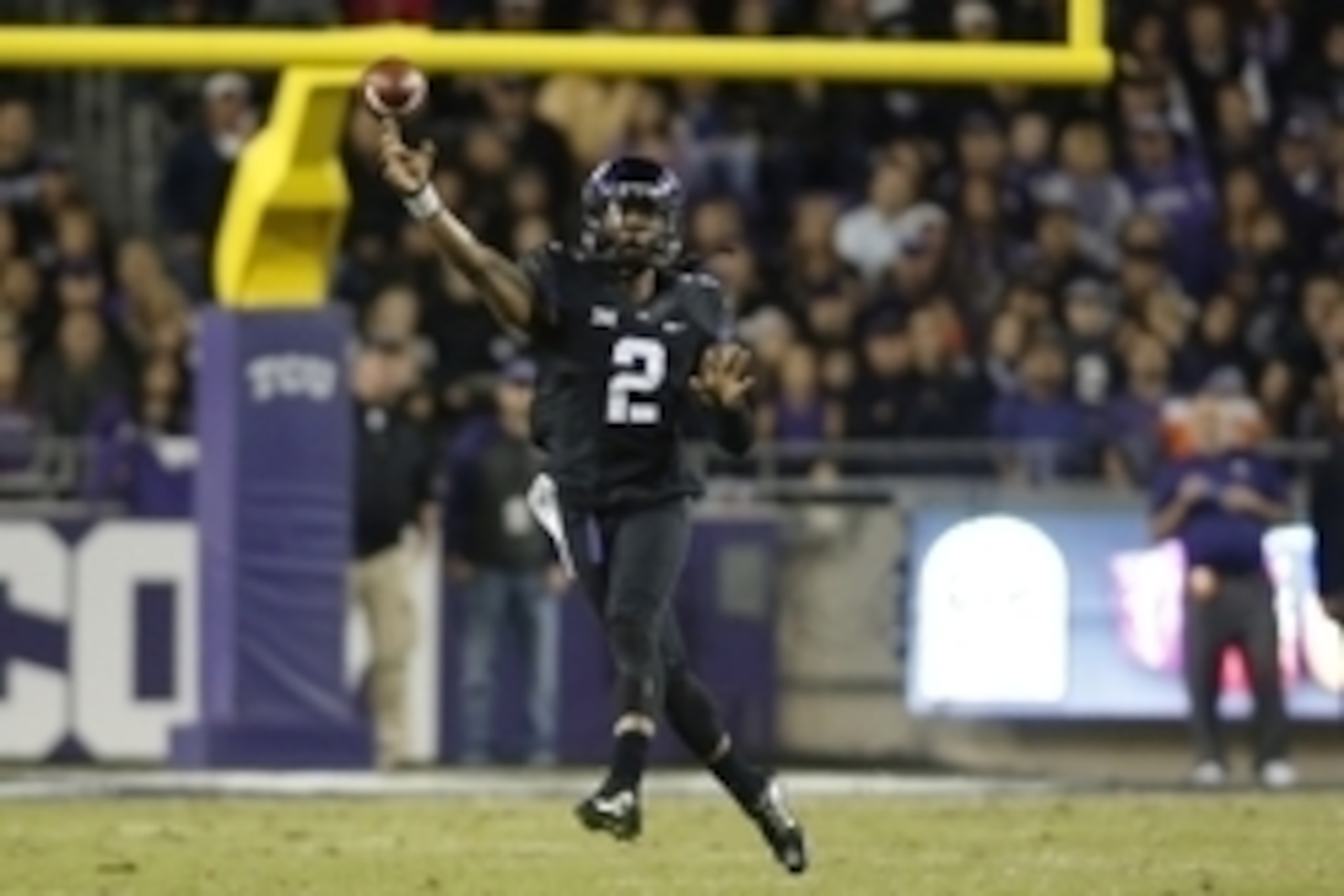 Nov 8, 2014; Fort Worth, TX, USA; TCU Horned Frogs quarterback Trevone Boykin (2) throws a pass in the first quarter against the Kansas State Wildcats  at Amon G. Carter Stadium. Mandatory Credit: Tim Heitman-USA TODAY Sports