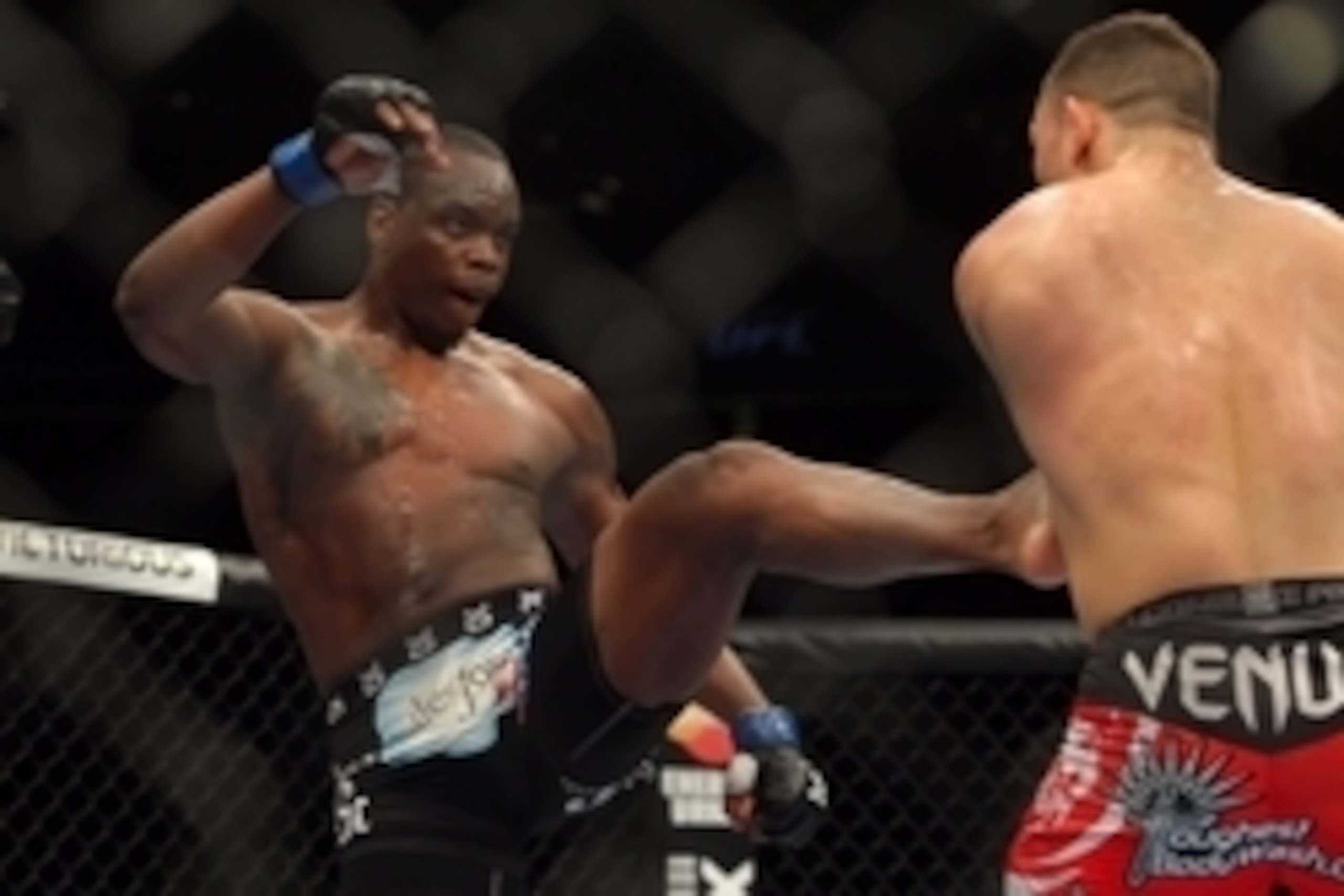 Apr 27, 2013; Newark, NJ, USA; Gian Villante ( red shorts) competes against Ovince St. Preux (black  shorts) during UFC 159 at the Prudential Center. Mandatory Credit: Brad Penner-USA TODAY Sports