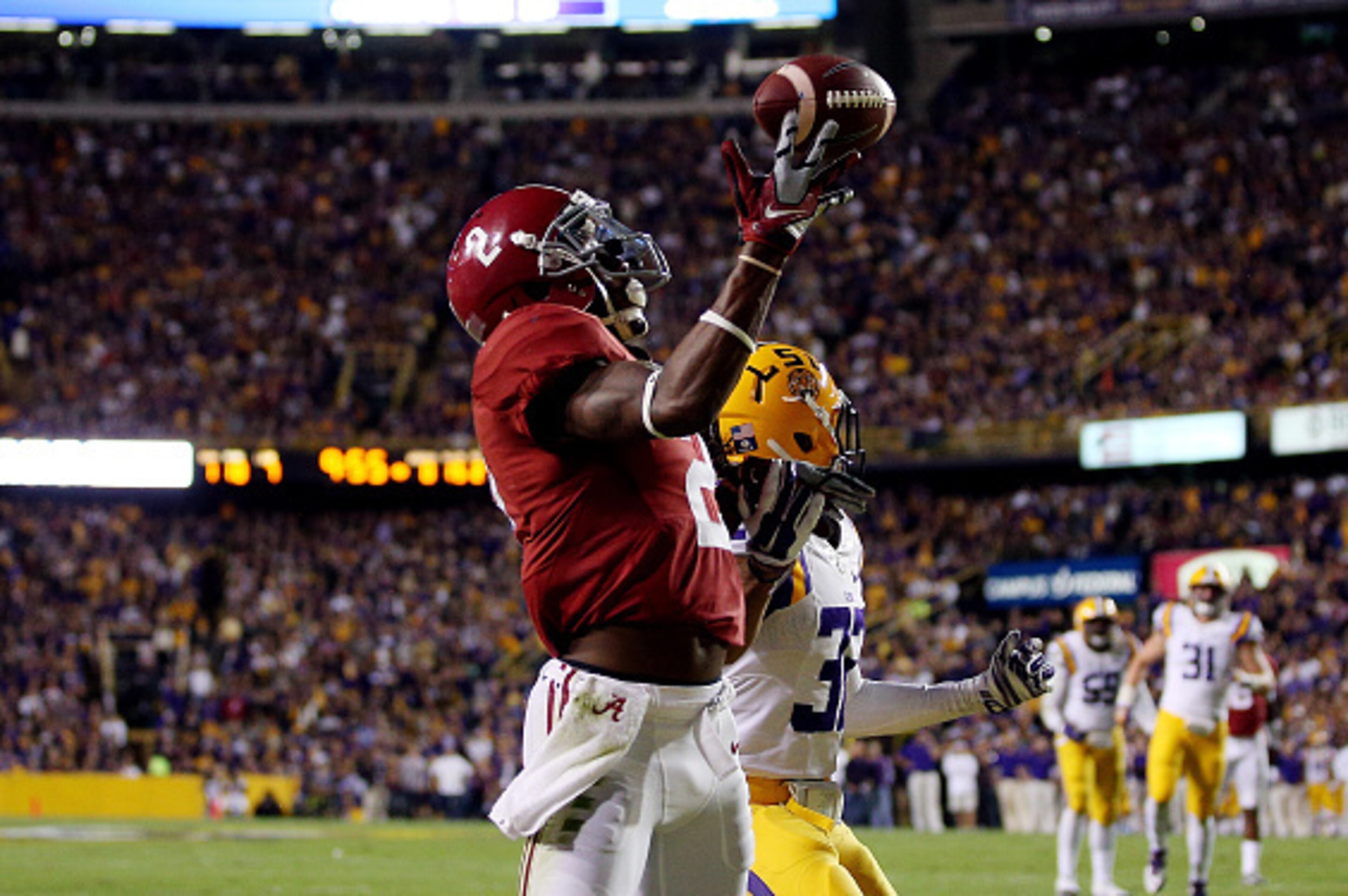 BATON ROUGE, LA - NOVEMBER 08: DeAndrew White #2 of the Alabama Crimson Tide fails to make a catch against the LSU Tigers during a game at Tiger Stadium on November 8, 2014 in Baton Rouge, Louisiana.  (Photo by Chris Graythen/Getty Images)